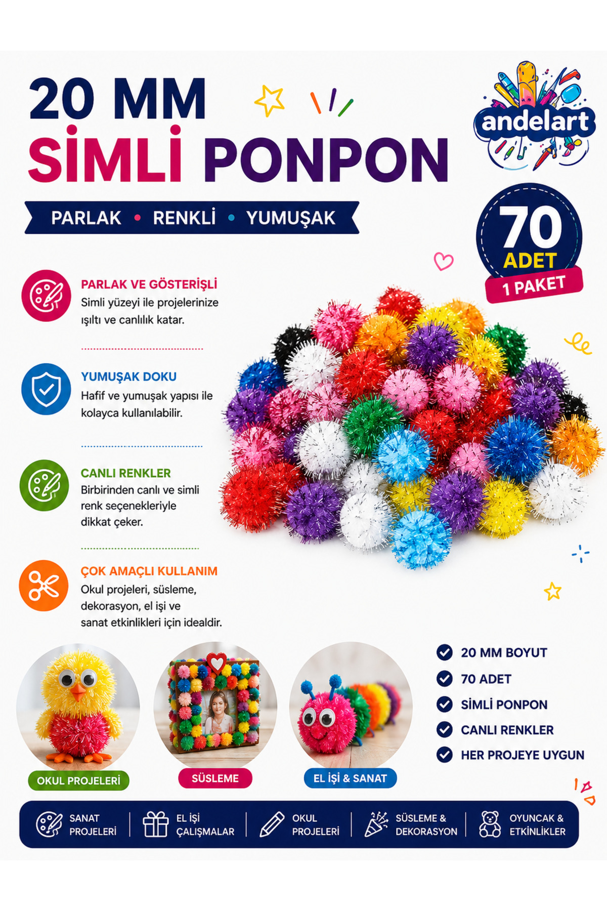 Glitter Pompom 20 mm 70 Li 1 Pack Mixed Color Pompom