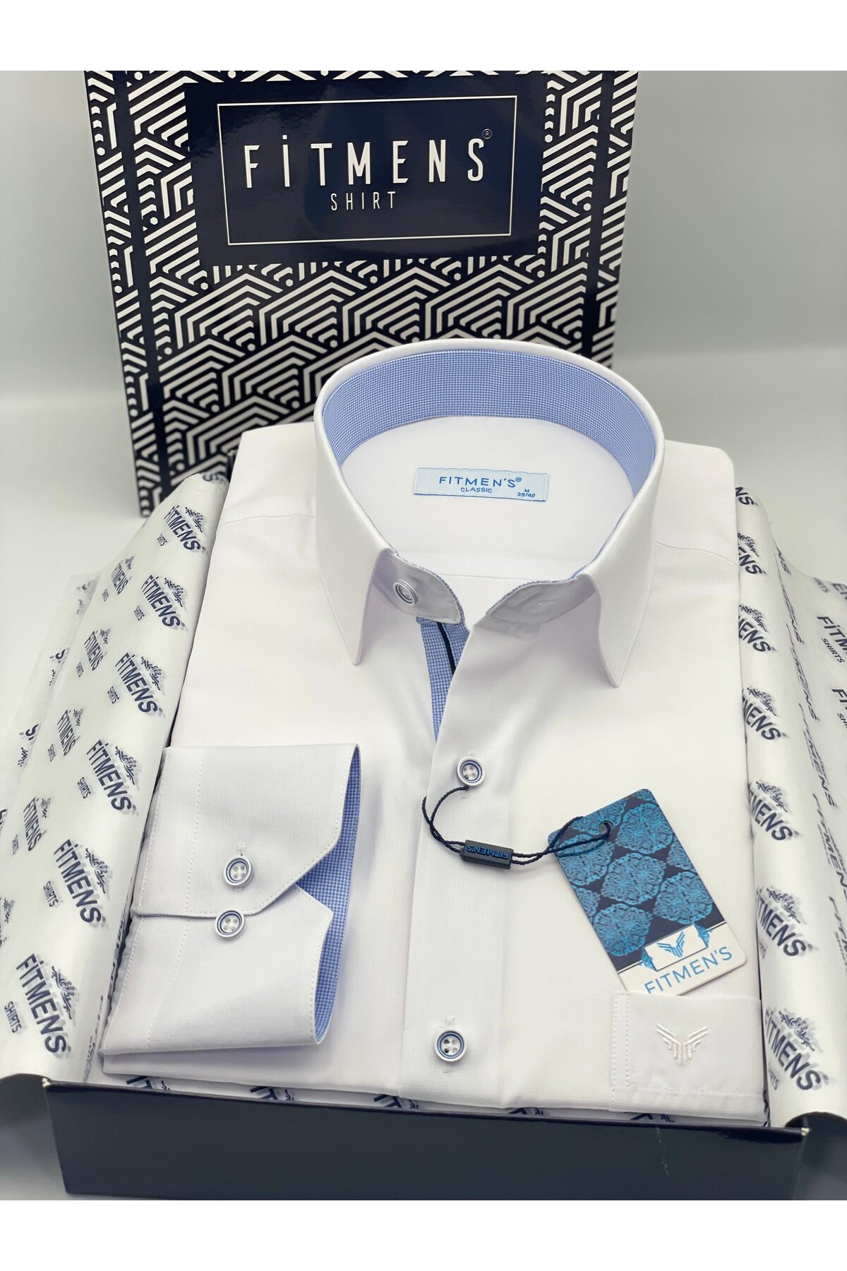 Classic Long Sleeve Filafil Pitikareli Swift Men's Shirt with Gift Box FS-001263 - White Blue