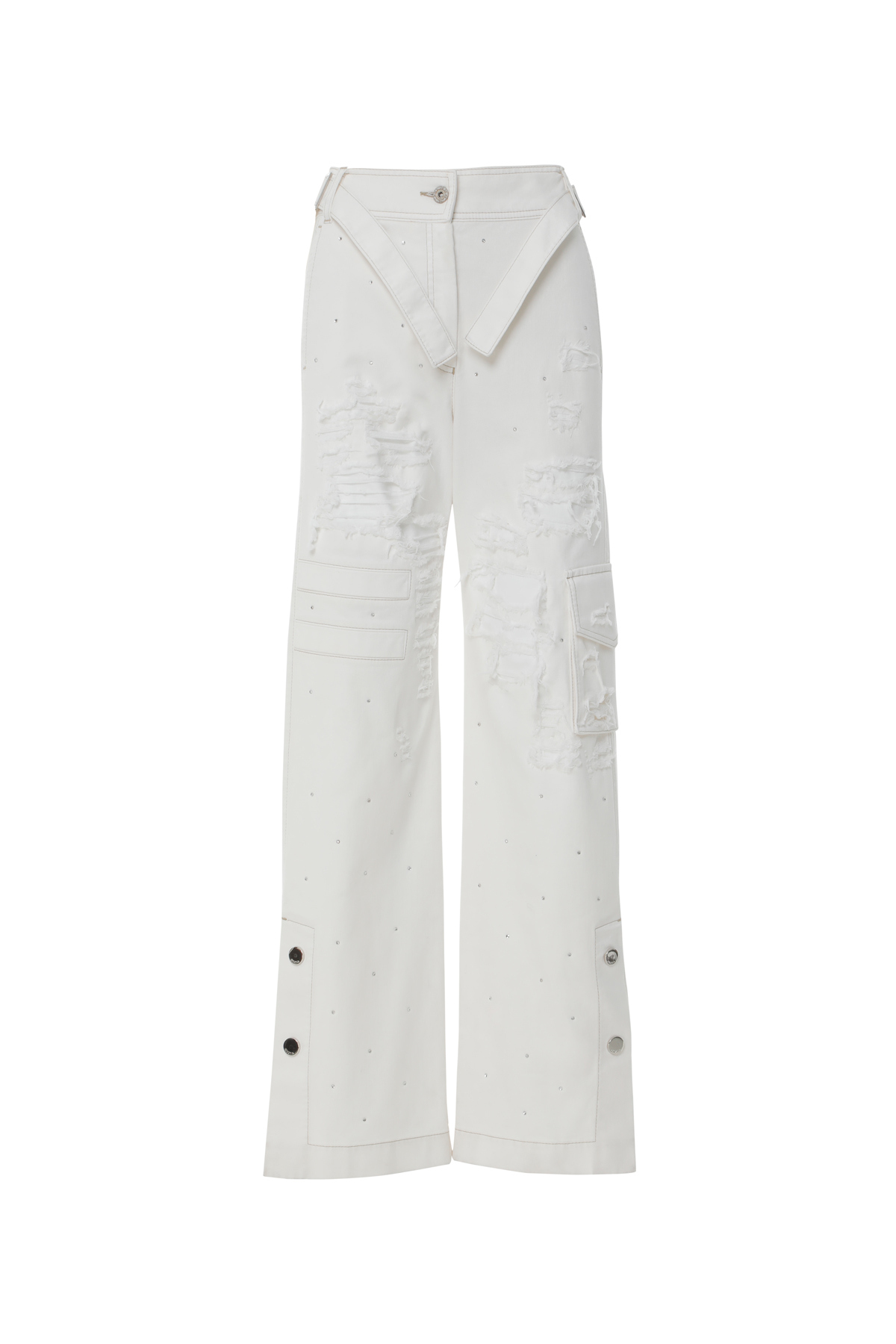 Buckle Detailed Side Band Stoned Jean Pants with Antique Effect