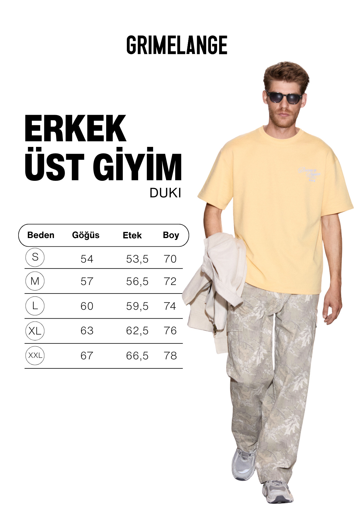 GRIMELANGE DUKI Erkek Bisiklet Yaka Organik Pamuklu Baskılı Oversıze Sarı T-Shirt görsel 6