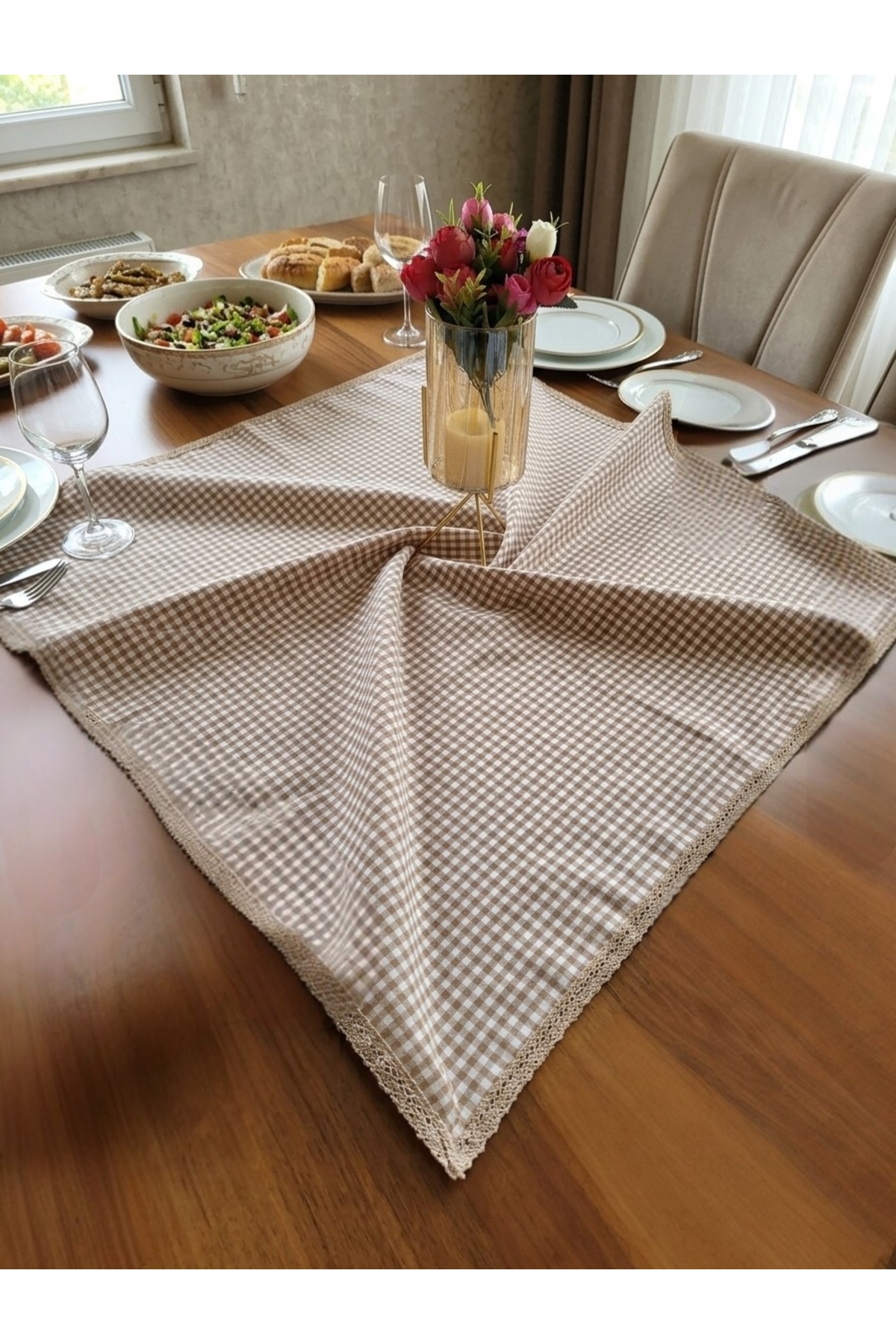 Brown Combed Cotton Fabric Square Vintage Tablecloth Brown Guipure