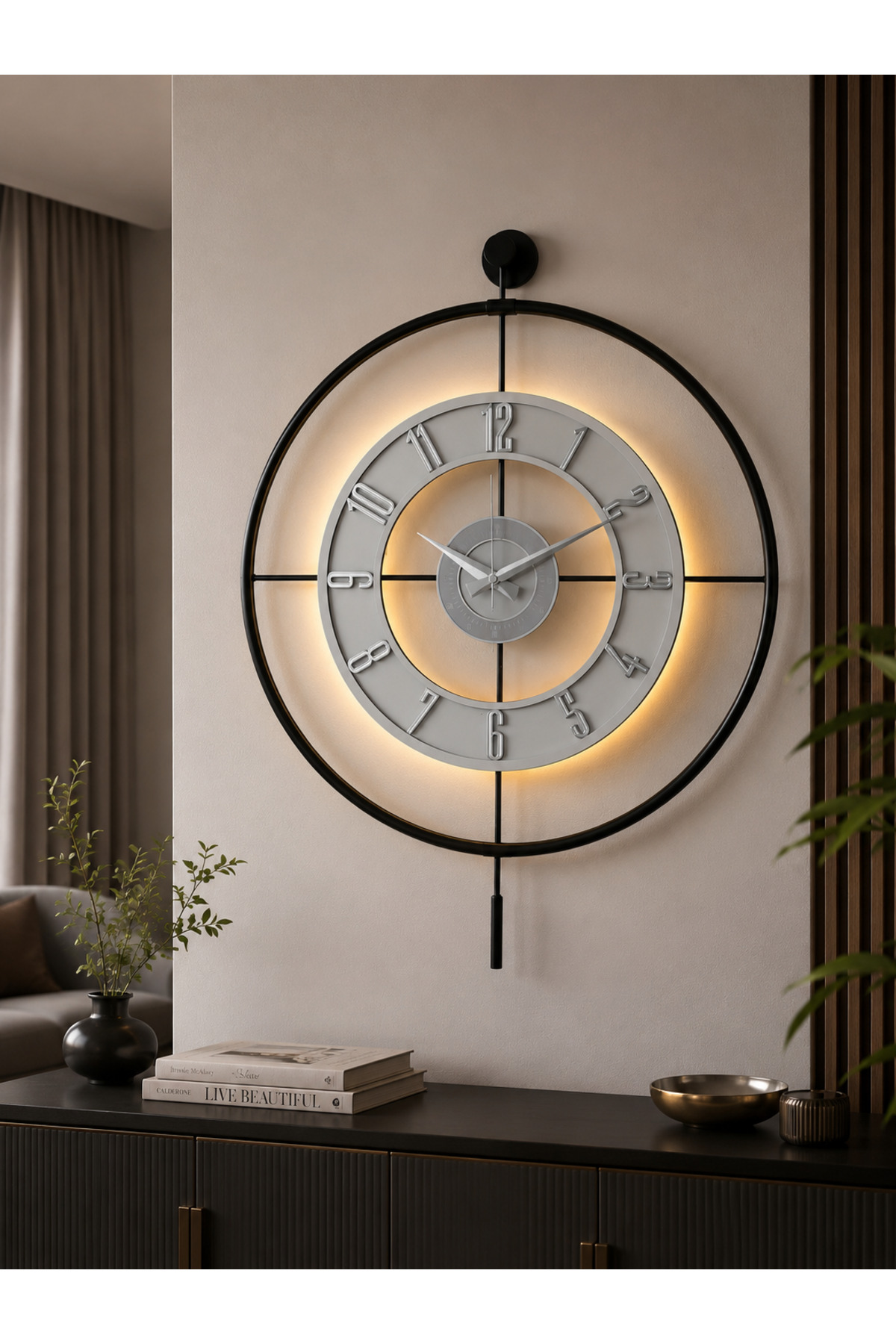 Metal Glass Wall Clock (60X80 CM LARGE SIZE) Real Glass with Light Black-transparent-white-silver