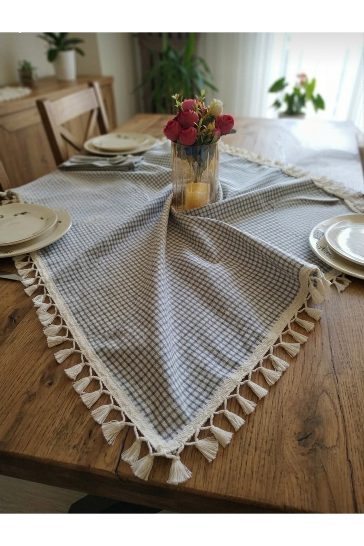 Organic Linen 100% Cotton Soft Easy Iron Grey Plaid Tablecloth with Cream Fringe