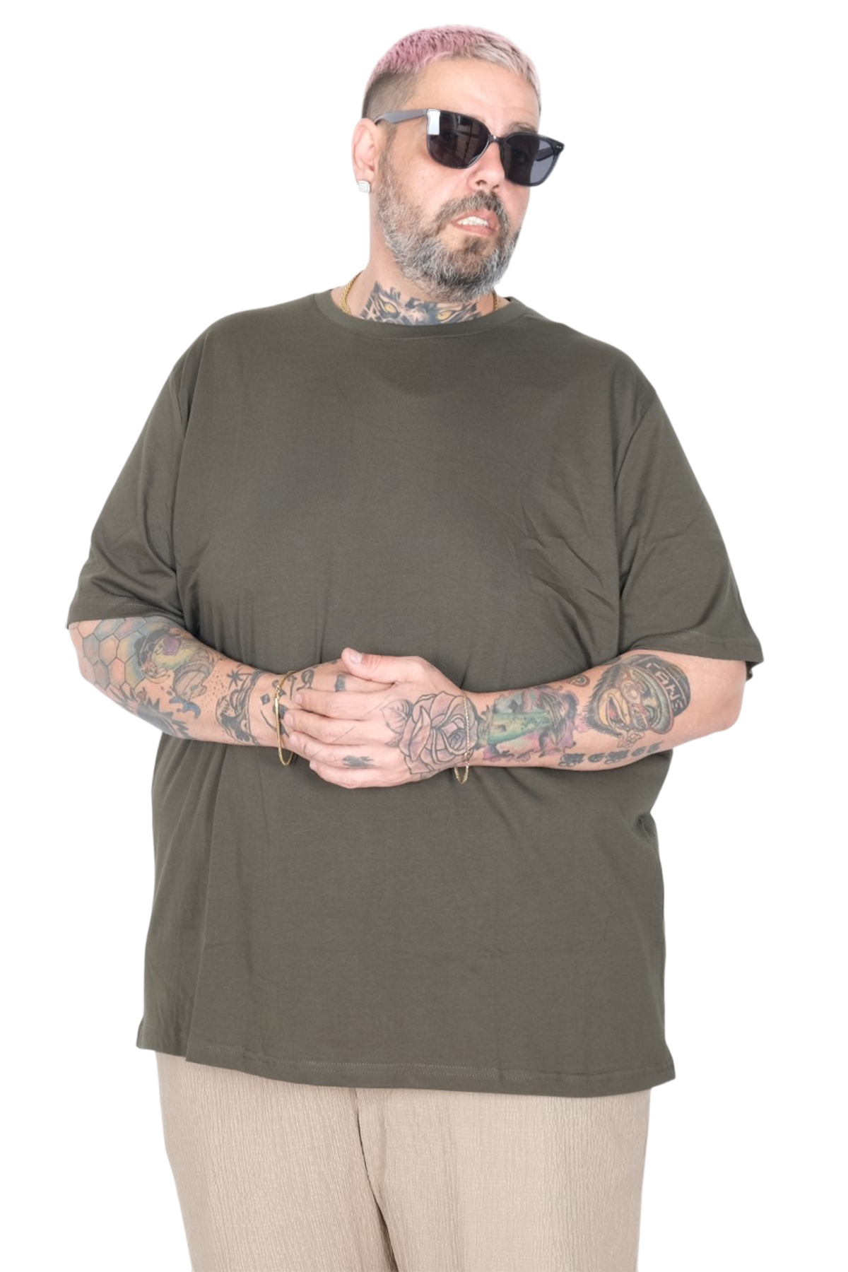 ModeXL Mode XL Büyük Beden Unisex Tshirt Bisiklet Yaka Basic 20031 Haki