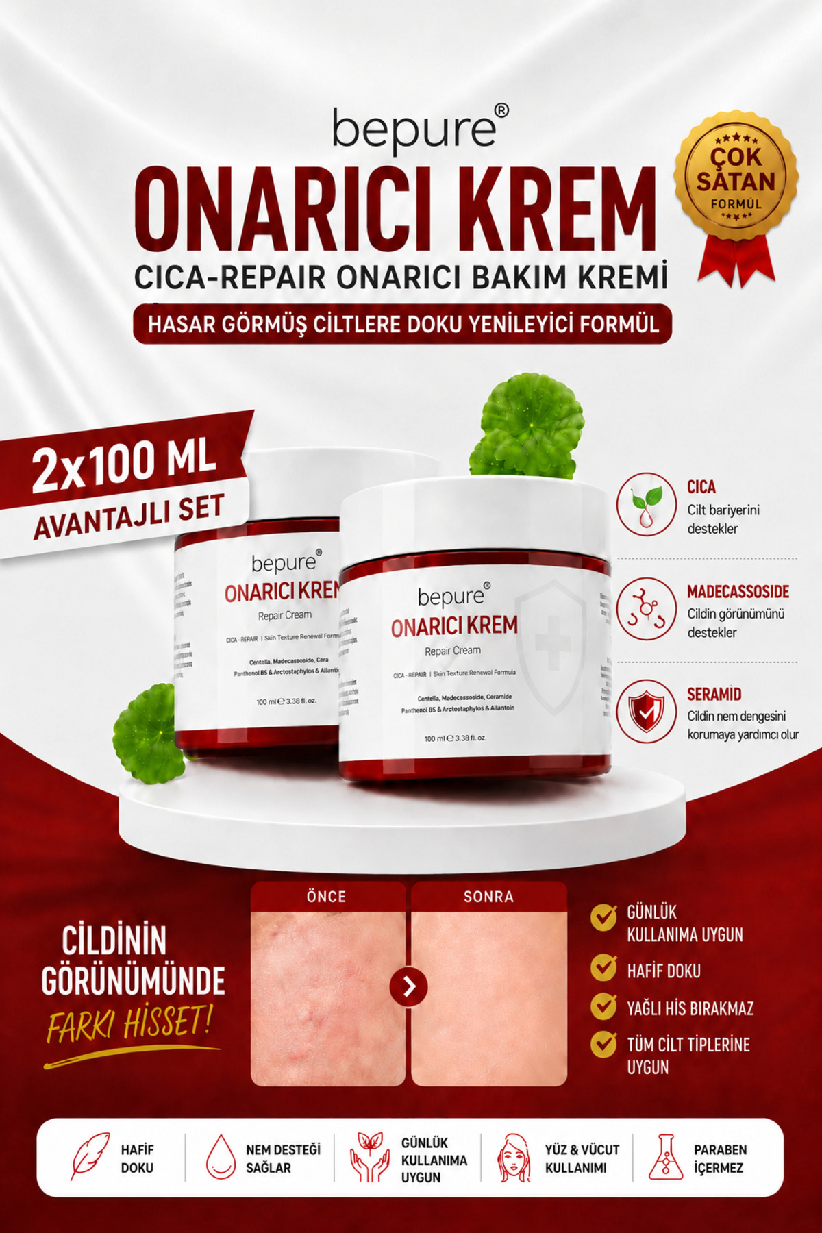 Bepure Hasar Görmüş Cilt Bariyer Onarıcı, Seramid, Madecassoside Destekli, Yoğun Onarıcı Krem (2x100 ml) — onarıcıikili