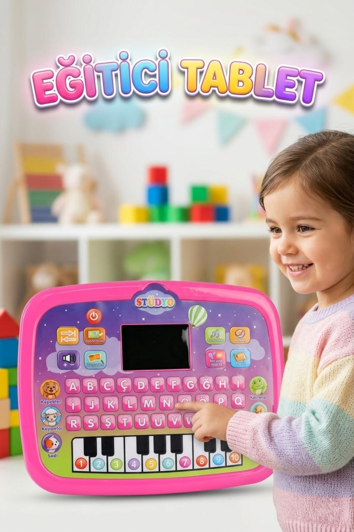 English Turkish 26 Words Kids Computer with Educational Piano Sound Illuminated Led Display Pink