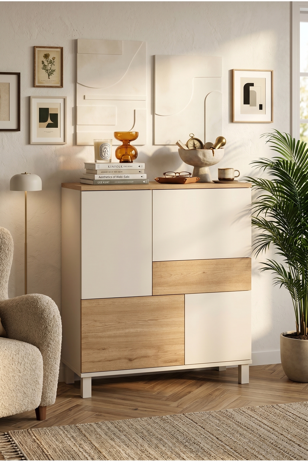 Yurudesign Mood Çok Amaçlı Dolap Ahşap Ayaklı 4 Kapaklı Çekmeceli