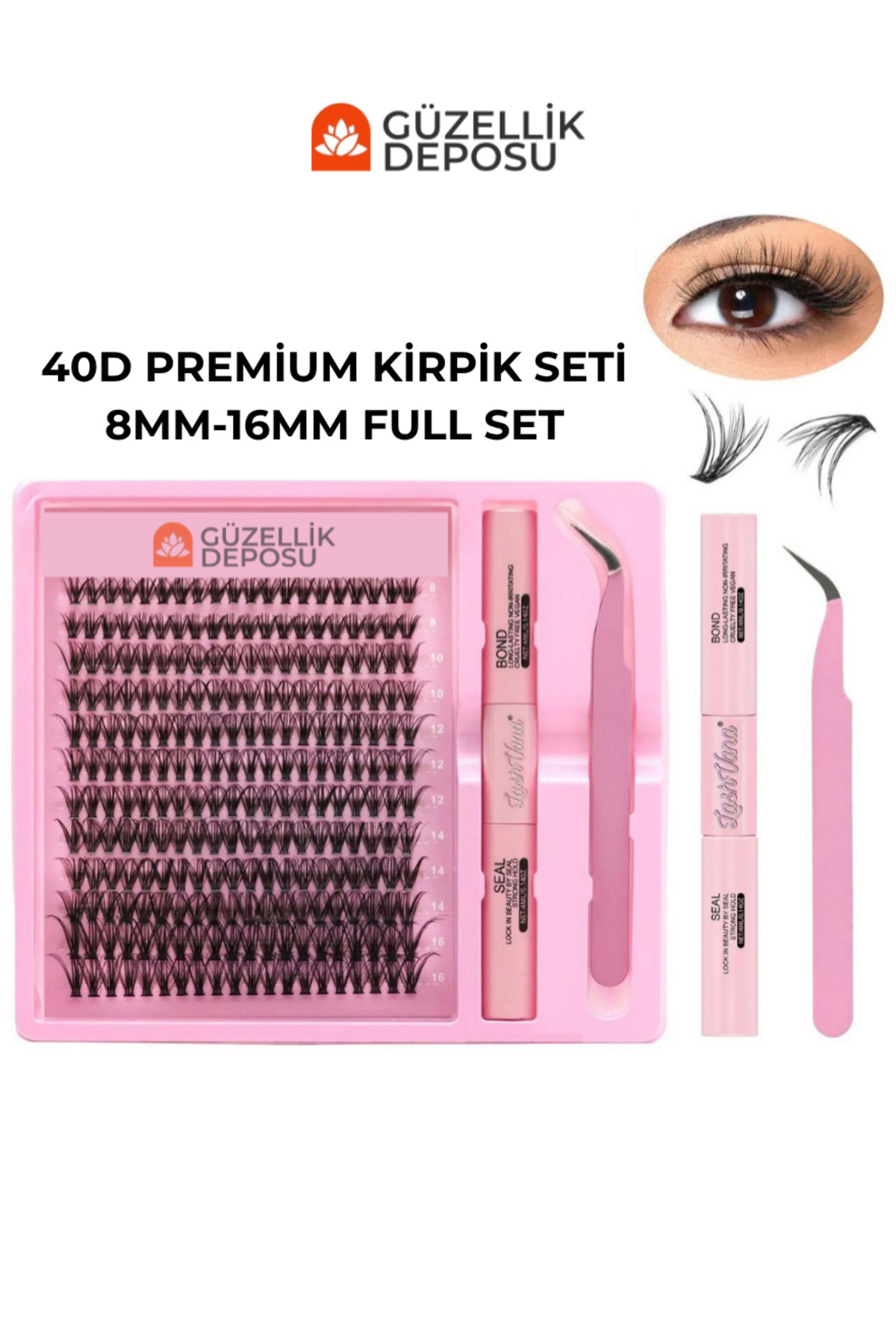 Güzellik Deposu 30D 9mm- 14mm Premium Takma Kirpik Seti / Cımbız-Yapıştırıcı-Sabitleyici