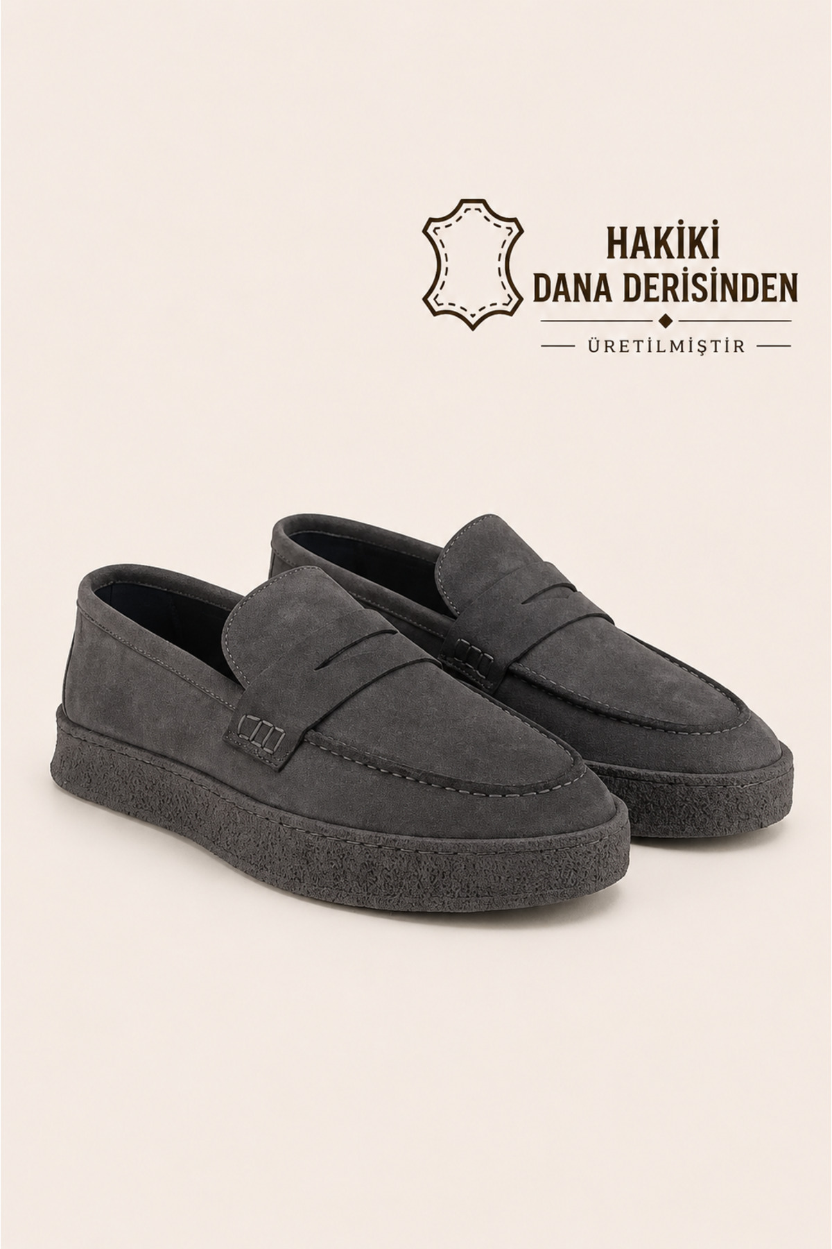 VARNAS Erkek Antrasit Süet Loafer Hakiki Dana Derisi İç Dış Deri Kauçuk Taban Günlük Casual Ayakkabı, Vene