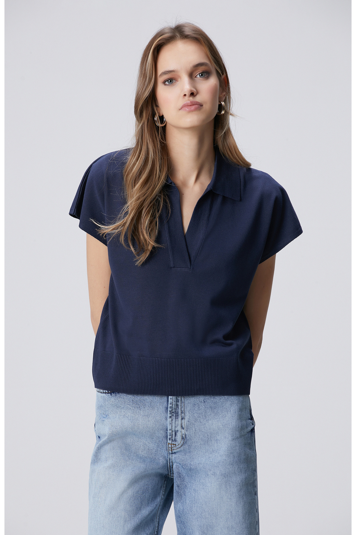 Navy Blue Polo Neck Basic Sweater