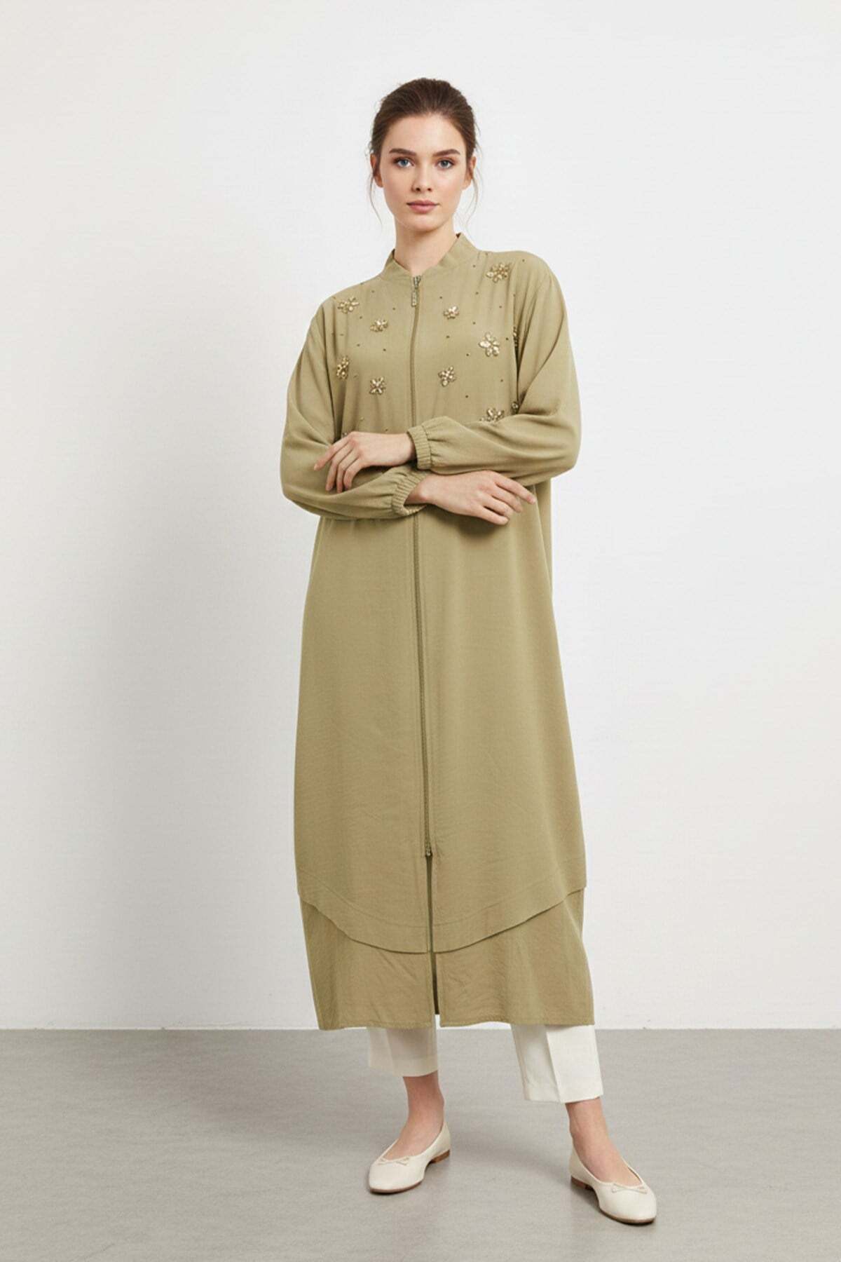 中間服 Puane Kadın Fermuarlı Yaka Düz Kesim Uzun Hırka-15253HRK - OLIVE