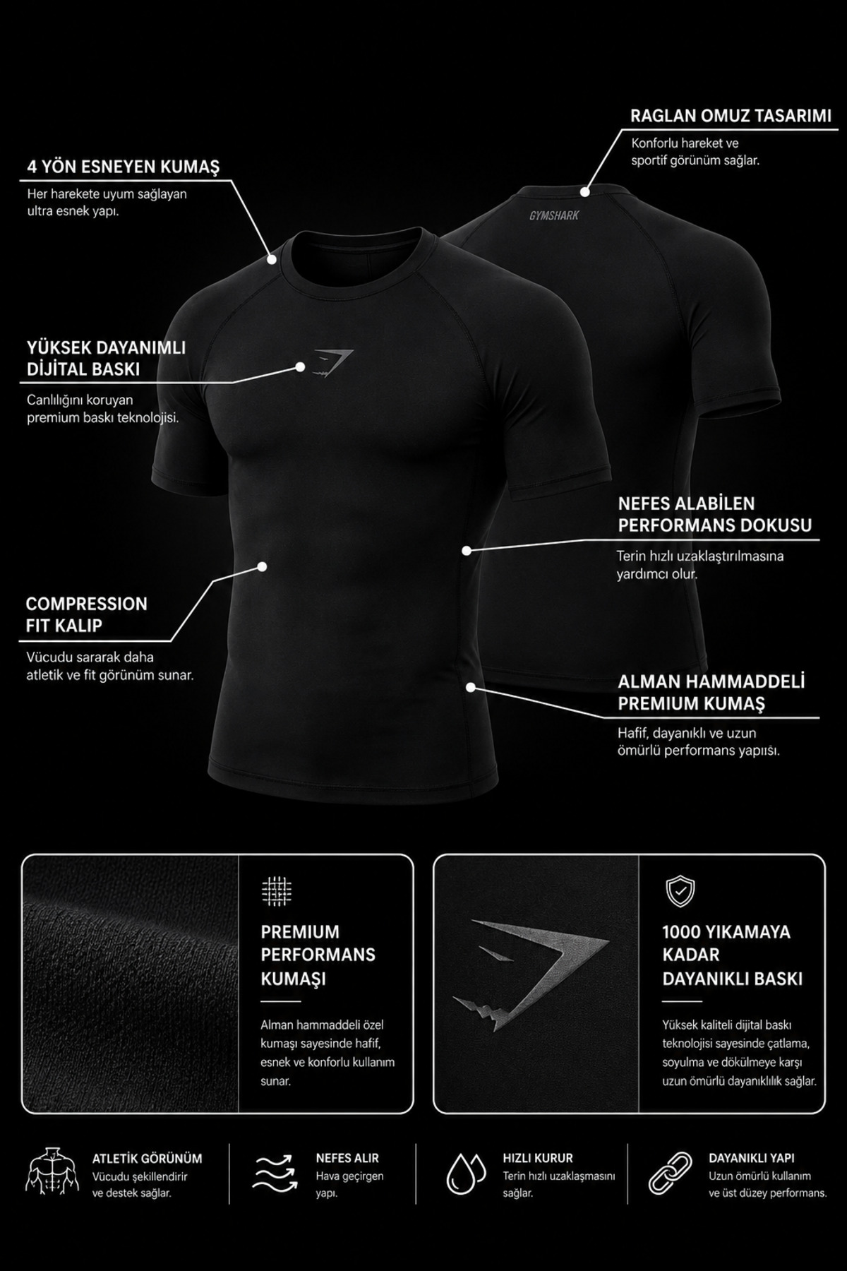 Stylovi GymShark Compression Spor T-Shirt - Yüksek Kalite görsel 2