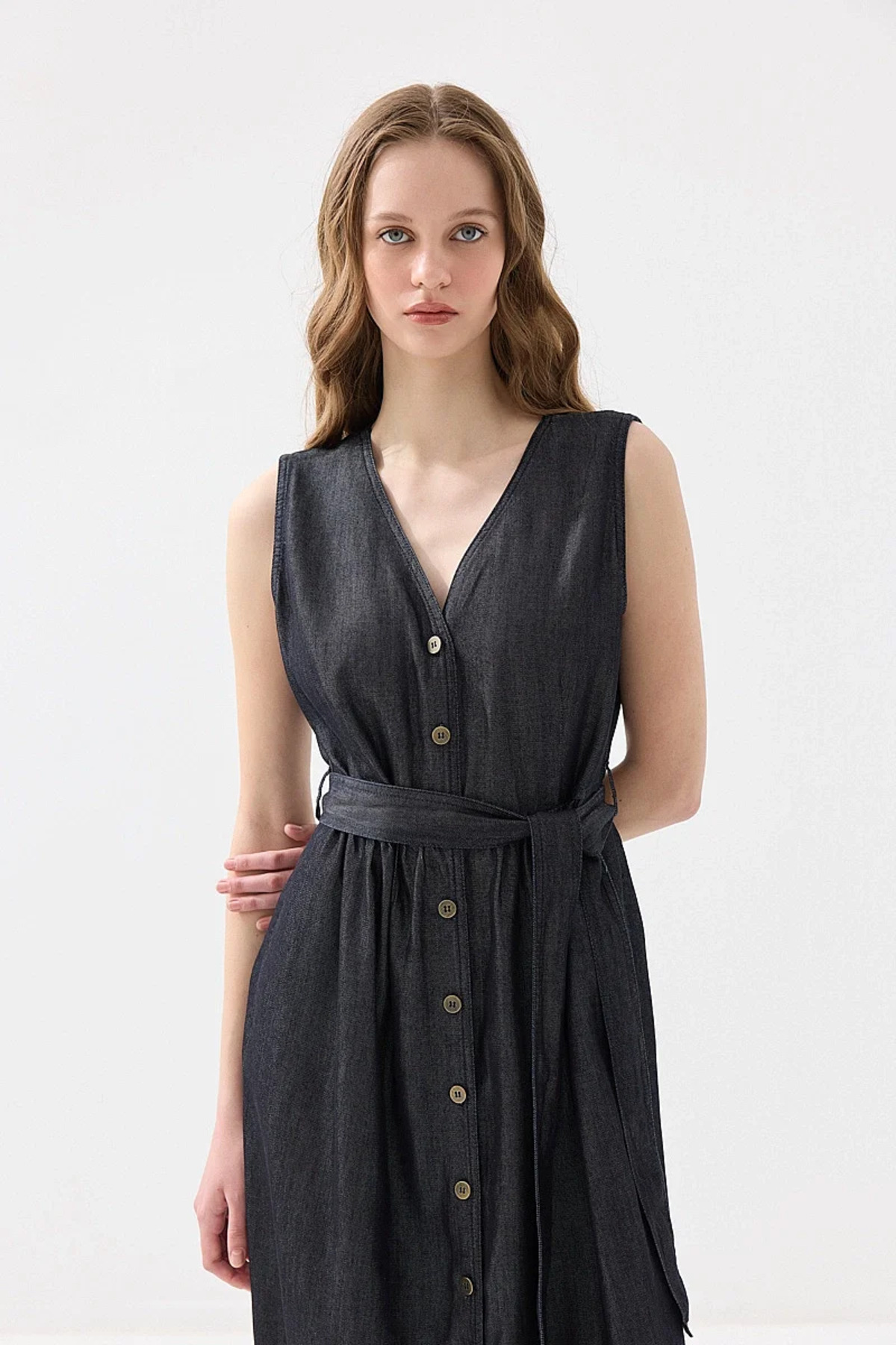 Gusto Düğmeli Tensel Denim Elbise - Lacivert görsel 2