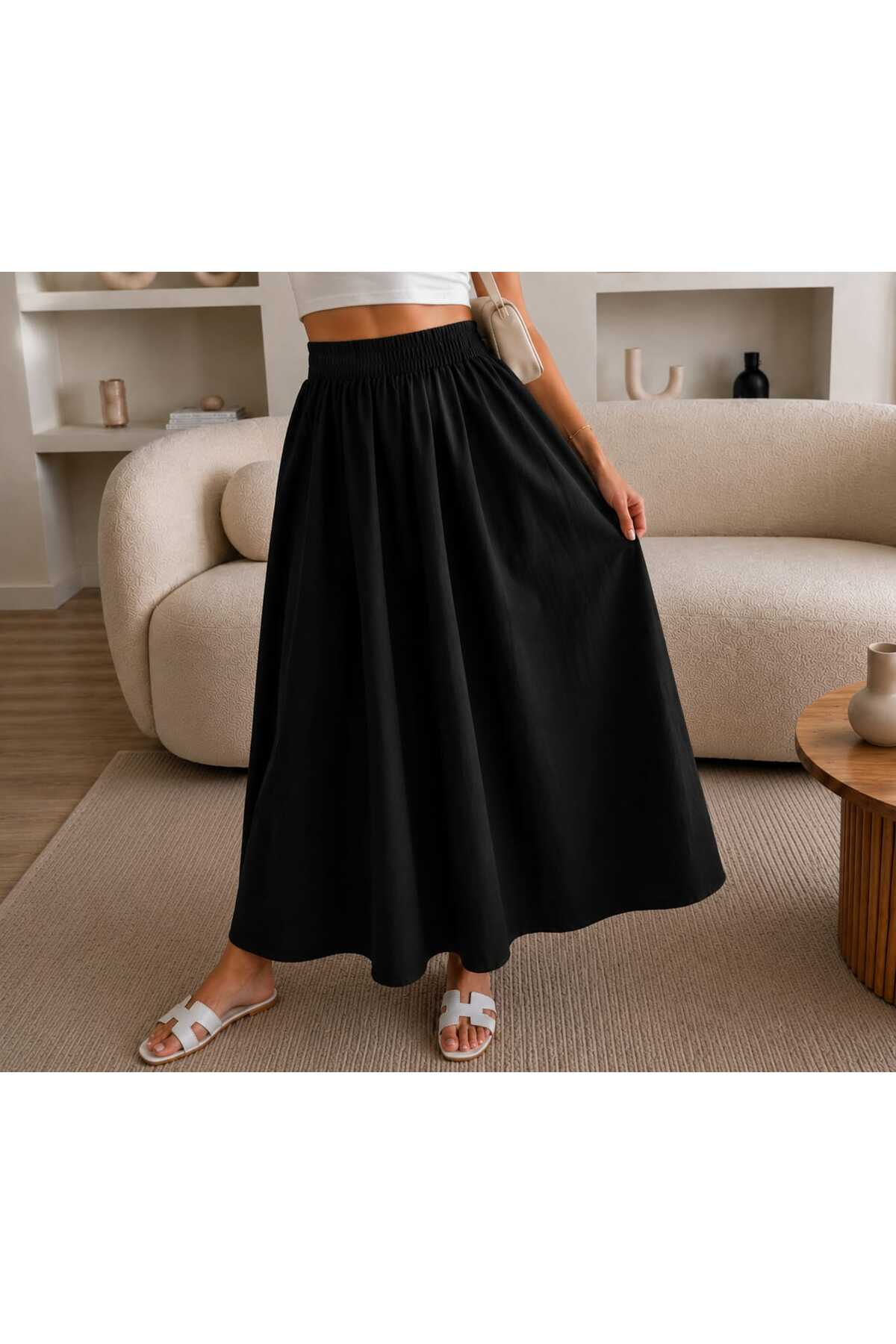 Gülmude  Çift Cepli Poplin Kumaş Beli Lastikli İç Göstermez Maxi Etek (90 CM) - Görsel 4