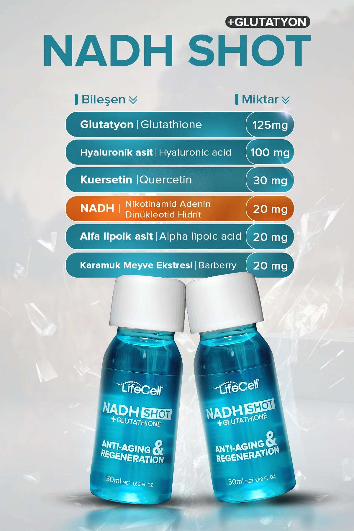 Lifecell Nadh Shot + Glutathione ( Glutatyon ) Hyaluronik Asit İçeren Takviye Edici Gıda