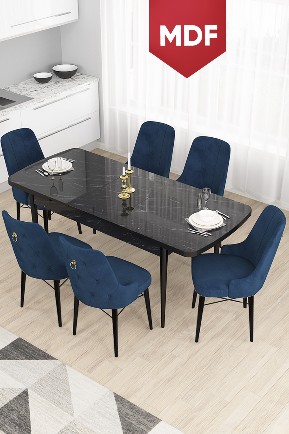 Crown Series Openable MDF Kitchen Table Set 80x132 Black Marble Pattern Table 6 Navy Blue Chair