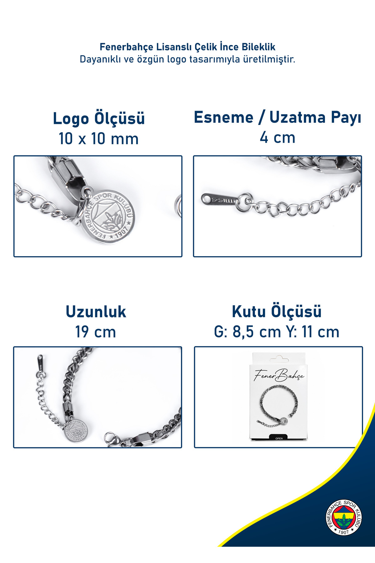 Fenerbahçe FB İnce Ayarlanabilir 19 cm Çelik Bileklik Gri Lisanslı Taraftar Aksesuarı görsel 3