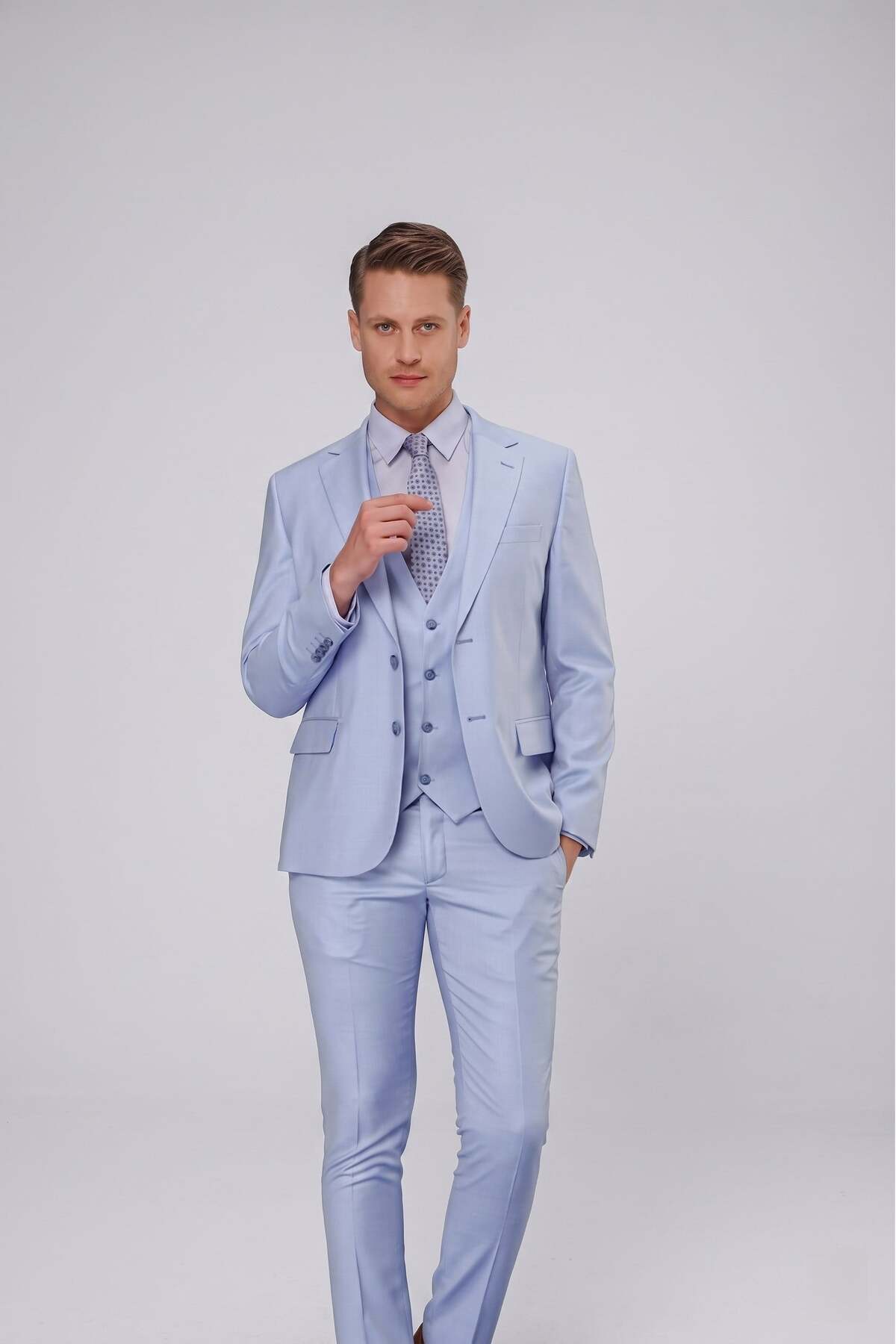 Efor Erkek Slim Fit Mono Yaka Düz Mavi Yelekli Takım Elbise TK 871 — آبی TK871Y1022