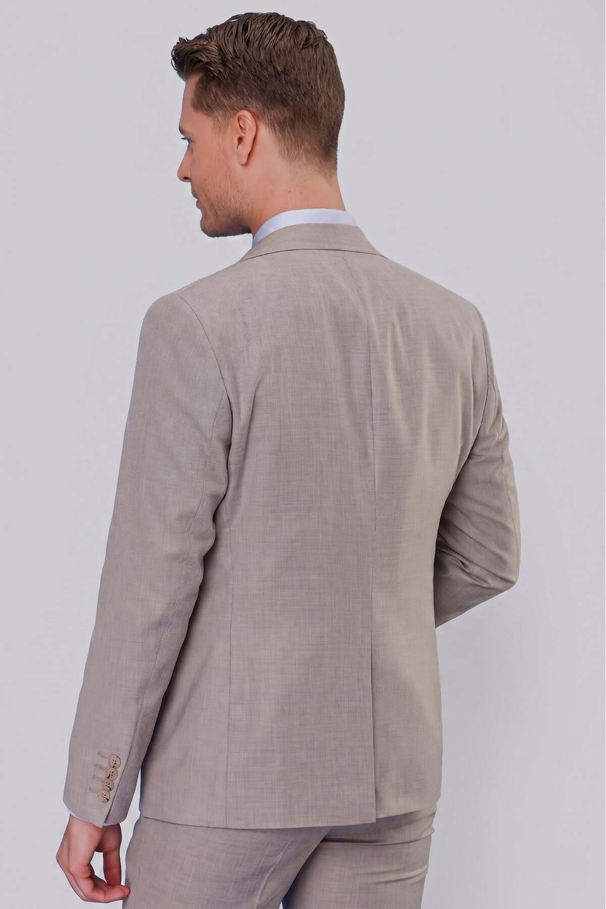 Erkek Slim Fit Mono Yaka Düz Gri Yelekli Takım Elbise TK 871 — خاکستری TK871Y1022 — تصویر 6 از 7