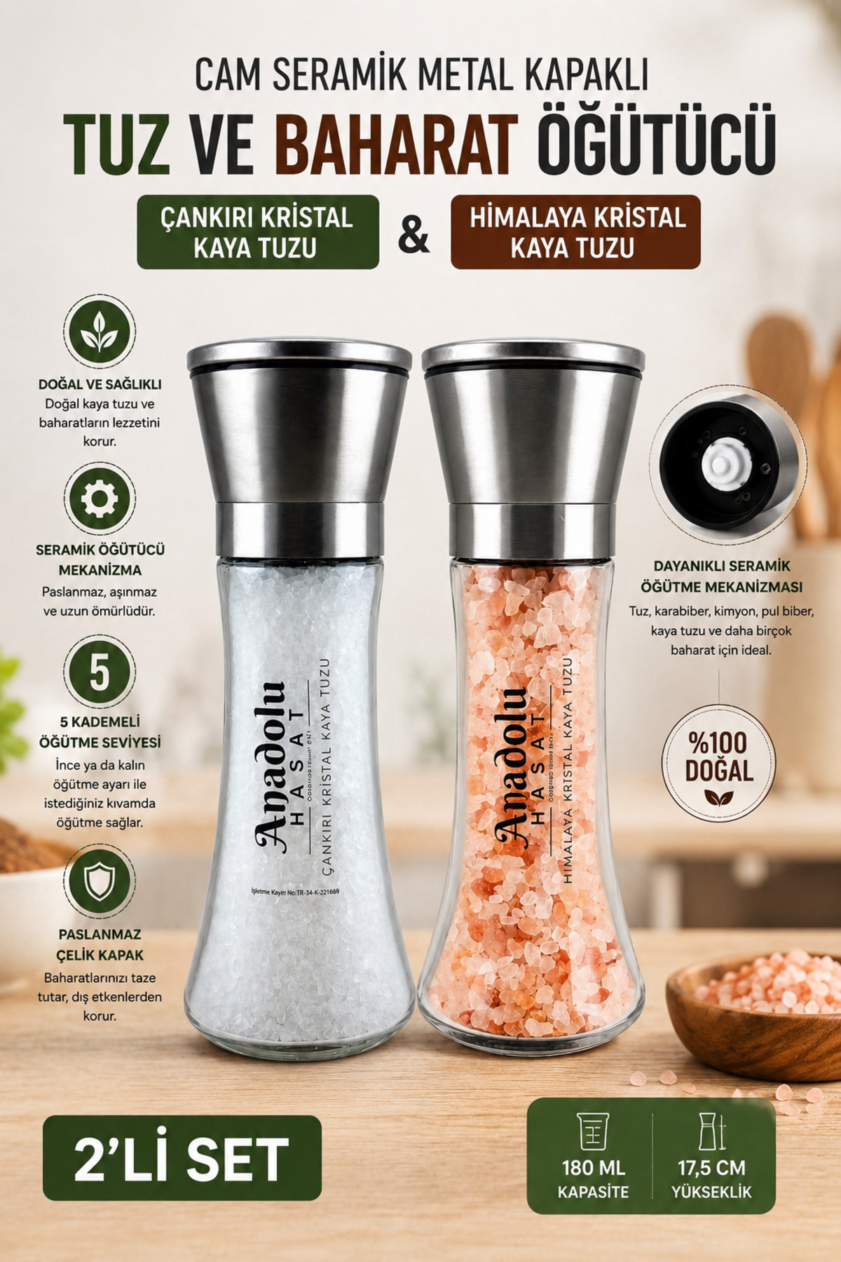 2 Pieces Çankırı and Himalayan Crystal Rock salt Ceramic Mill 19cm