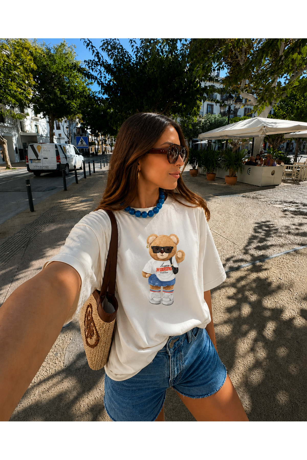 Le'Sluette %100 Pamuk Premium Oversize T Shirt Ayı Teddy Bear Baskılı %100 Pamuk Yüksek Kalite