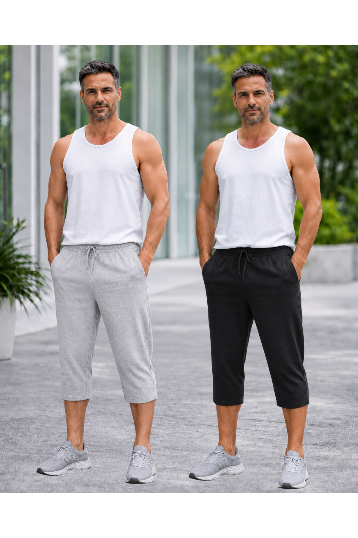 Relax family xf Erkek Siyah Gri 2'li Uzun Penye Şort & Bermuda Kapri Yazlık Pamuklu Slim Fit