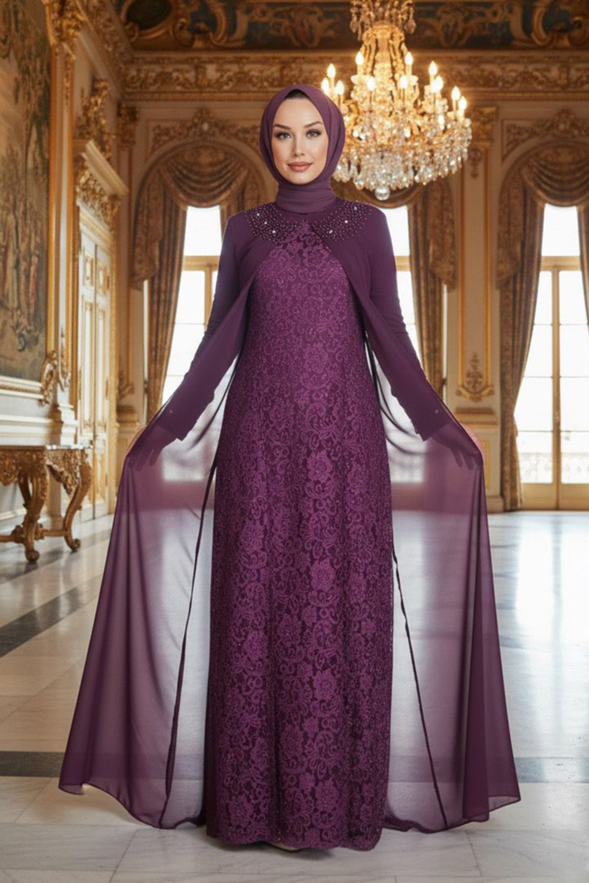 1_org_zoom پیراهن Neva Style مجلسی دخترانه حجاب پیراهن گیپور 20803BR اورجینال - تصویر 1