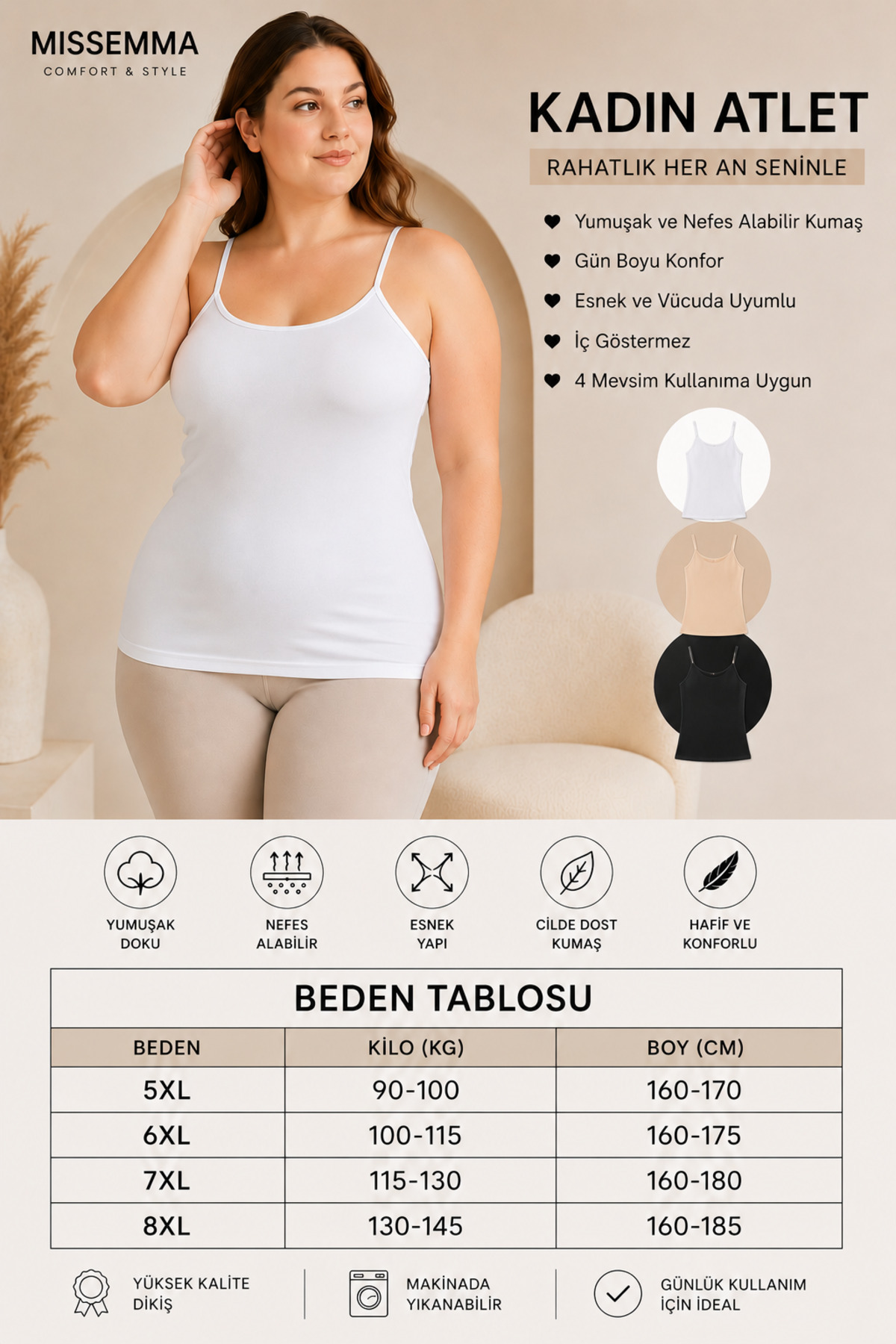 MİSSEMMA KADIN BÜYÜK BEDEN İP ASKILI SİYAH ATLET görsel 4