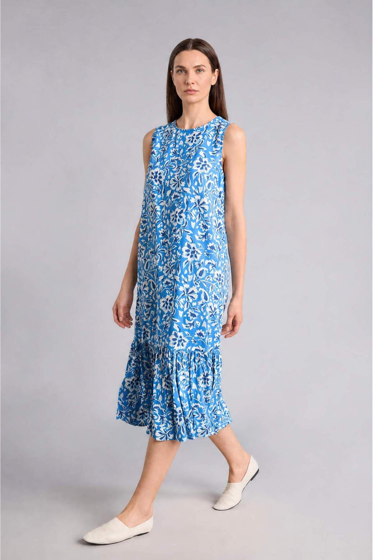 Defacto Regular Fit Crew Neck Floral Blue Midi Dress E9437Ax25Sm