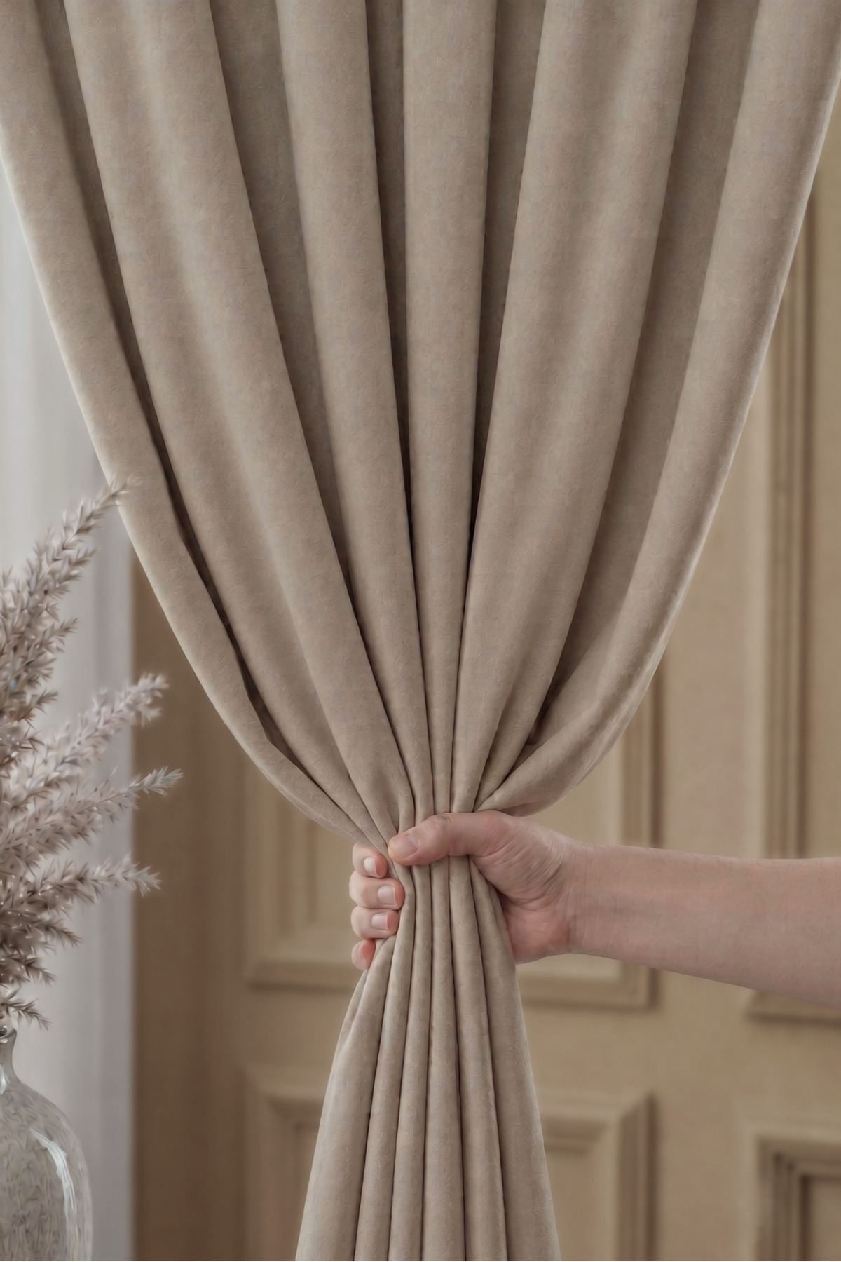 Sandstone Velvet Textured Background Curtain SINGLE WING 1/3 FREQUENT PLEAT Plain Plain Suitable for Every Room