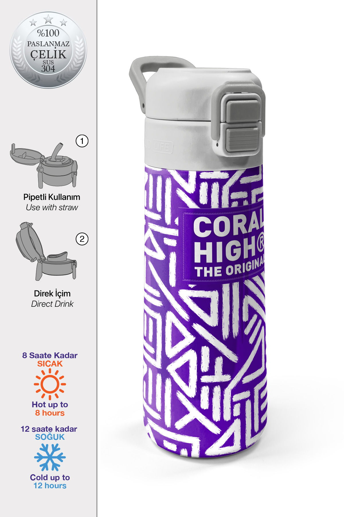 Kids Mor Beyaz Geometrik Desenli Pipetli ve Direkt İçim Çelik Termos 500 ml 31883