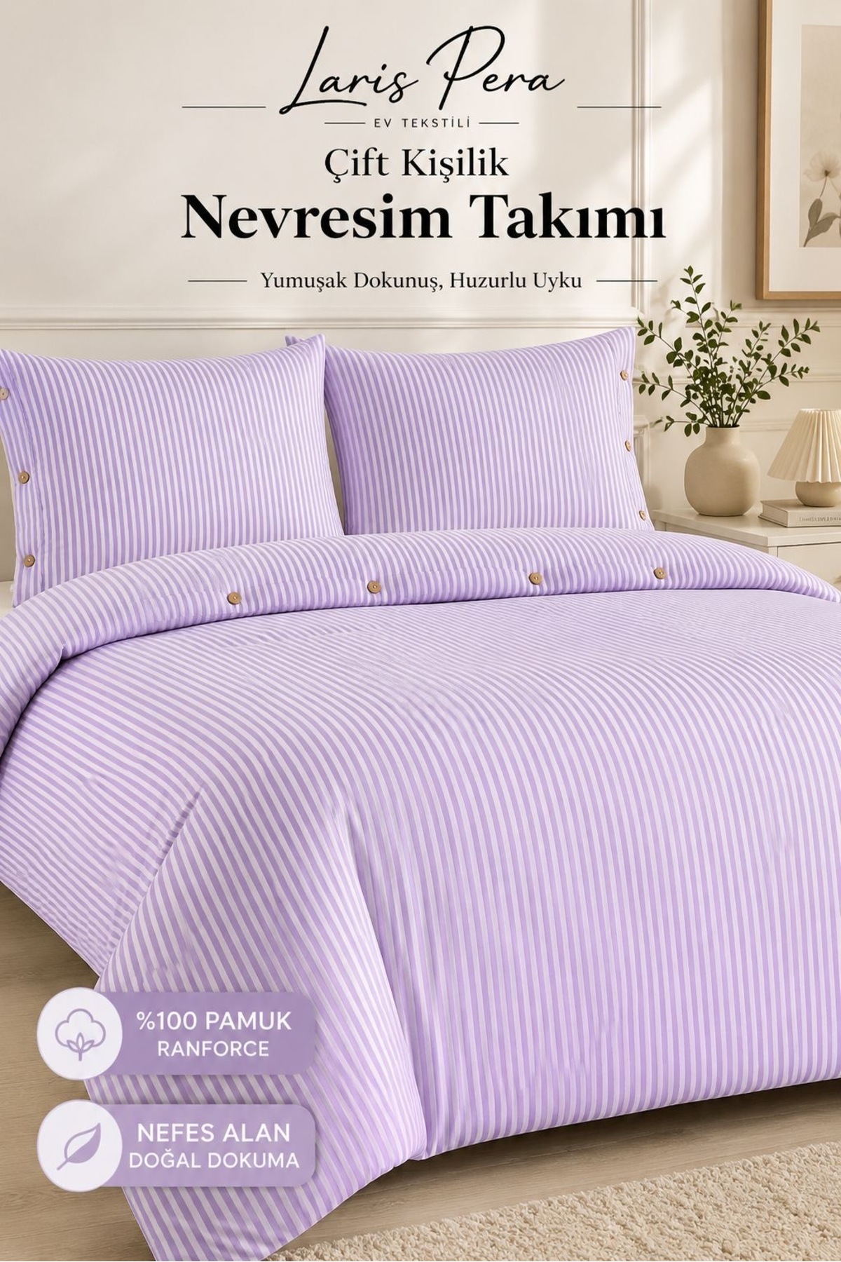 Oversized Lilac Buttoned Cotton Ranforce Striped Duvet Cover Set King Size Duvet CoverSet