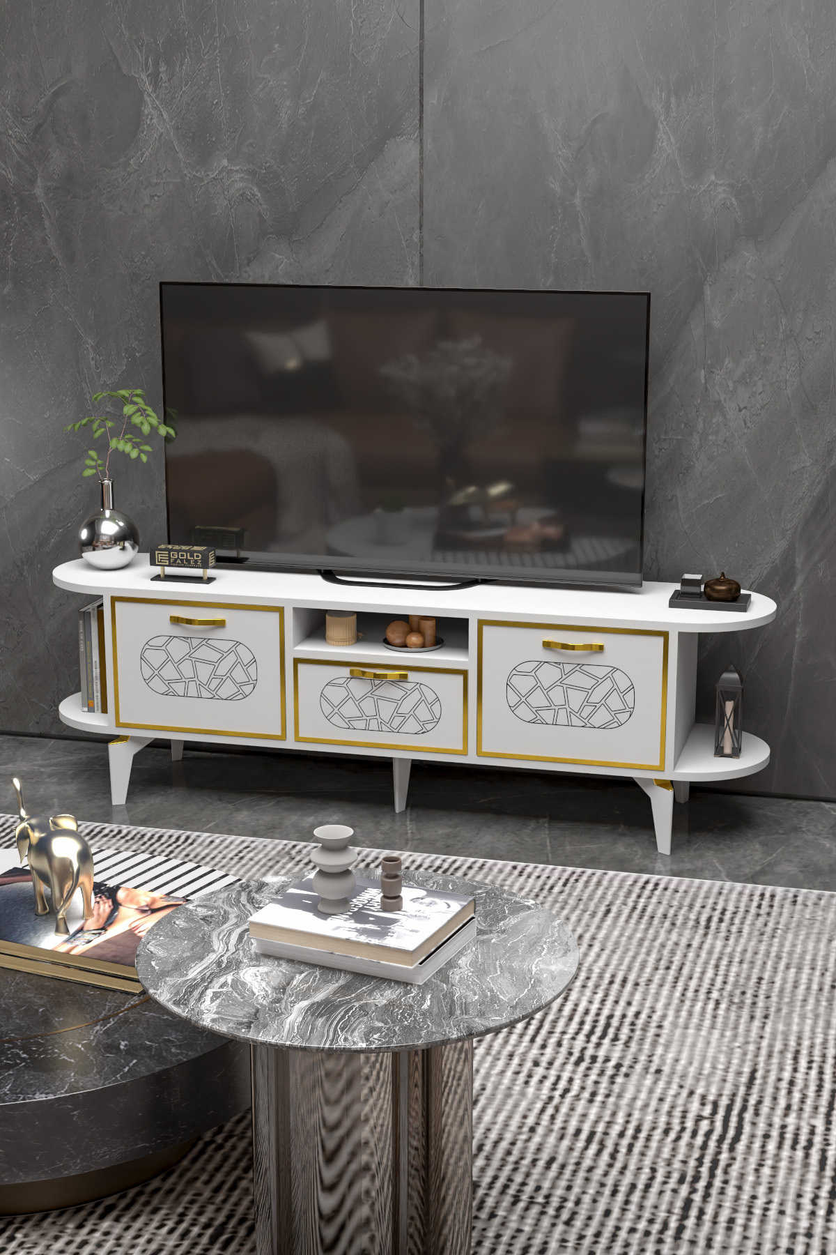 Goldfalez Mira Gold TV Ünitesi Beyaz 160 cm