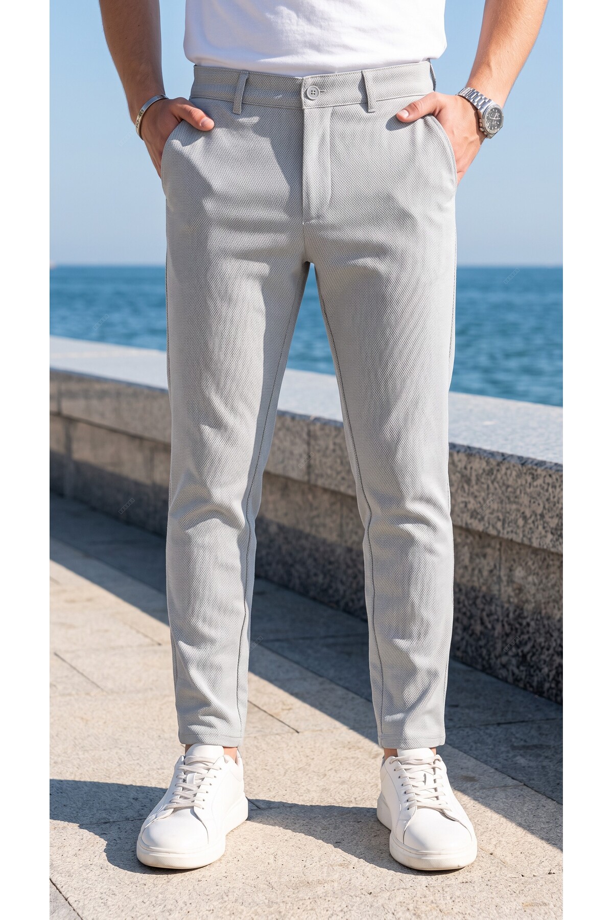 Gussi Erkek Gri Renk Kaliteli Esnek Likralı Slim Fit Keten Pantolon