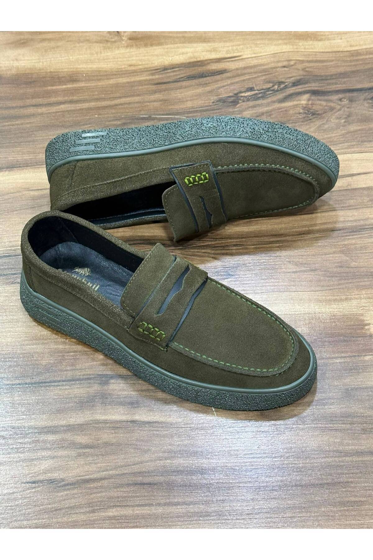 Greyybull Shoes haki süet deri erkek loafer ayakkabı - rahat esnek şık yazlık ayakkabı
