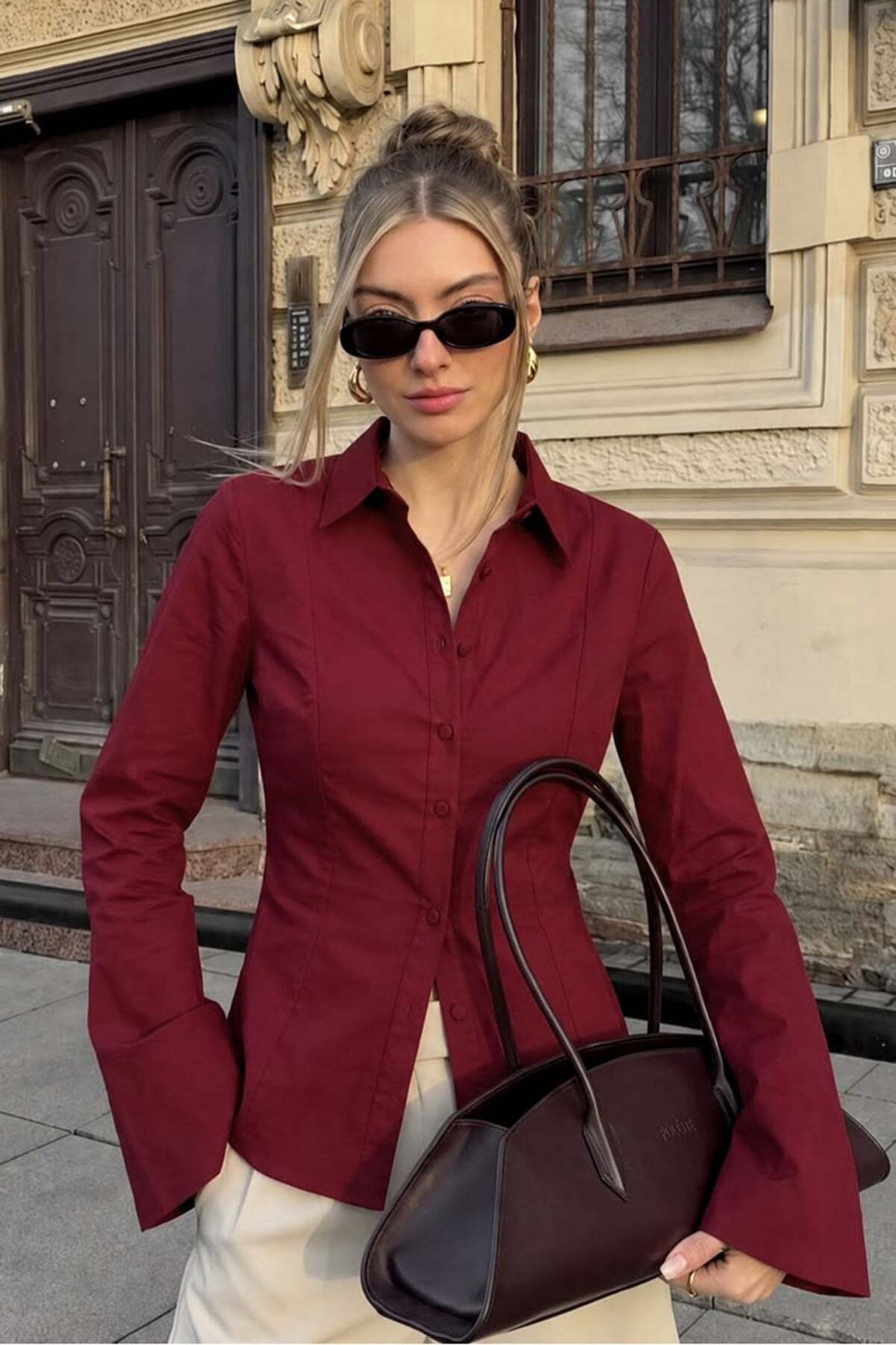 Seeh Bordo Uzun Kollu Vücuda Oturan Gömlek SH356