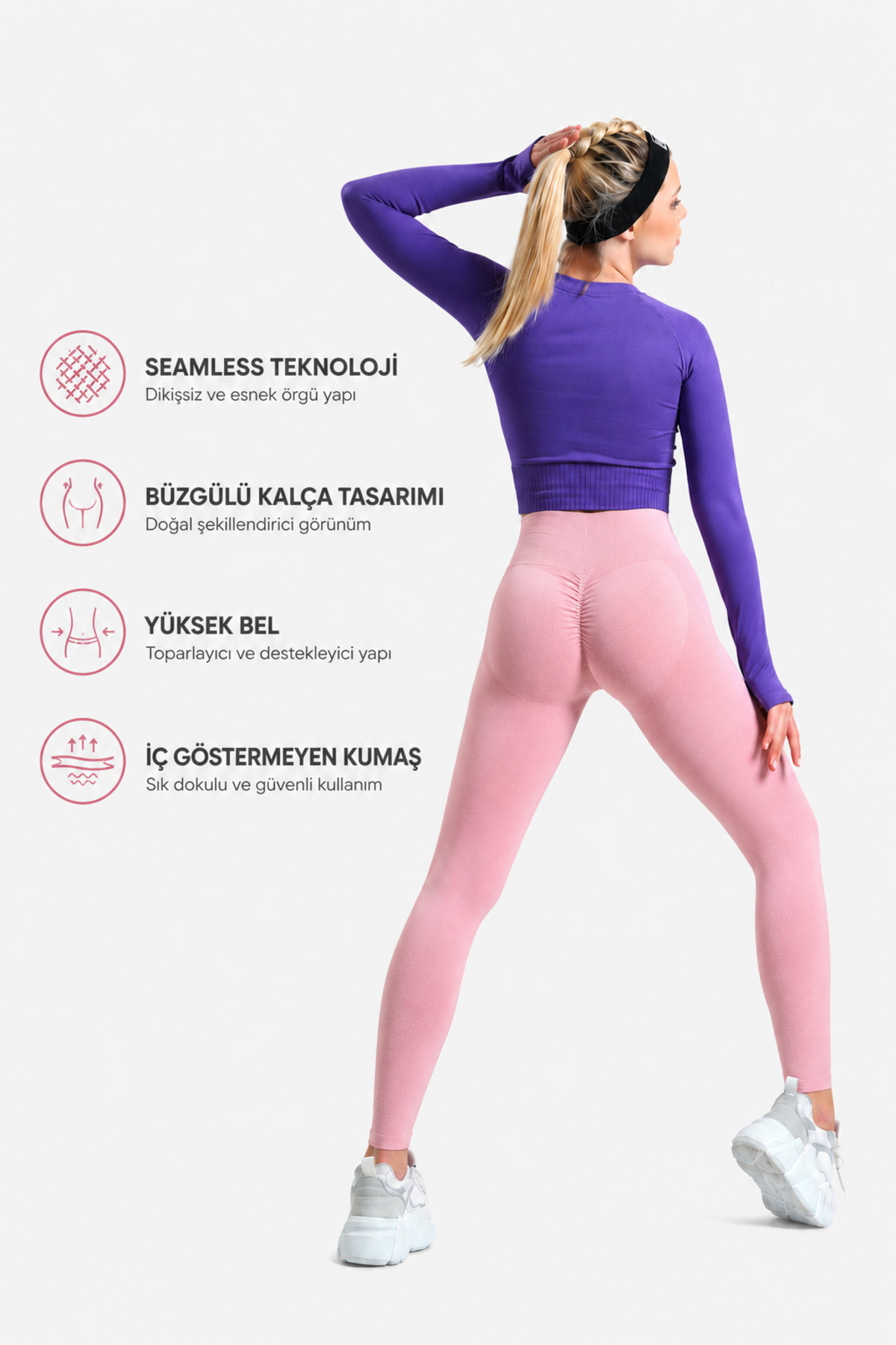 gymhams Pembe Kalçası Büzgülü Ve Ekstra Push Up Seamless Yüksek Bel Kalça Şekillendirici Kadın Tayt görsel 5