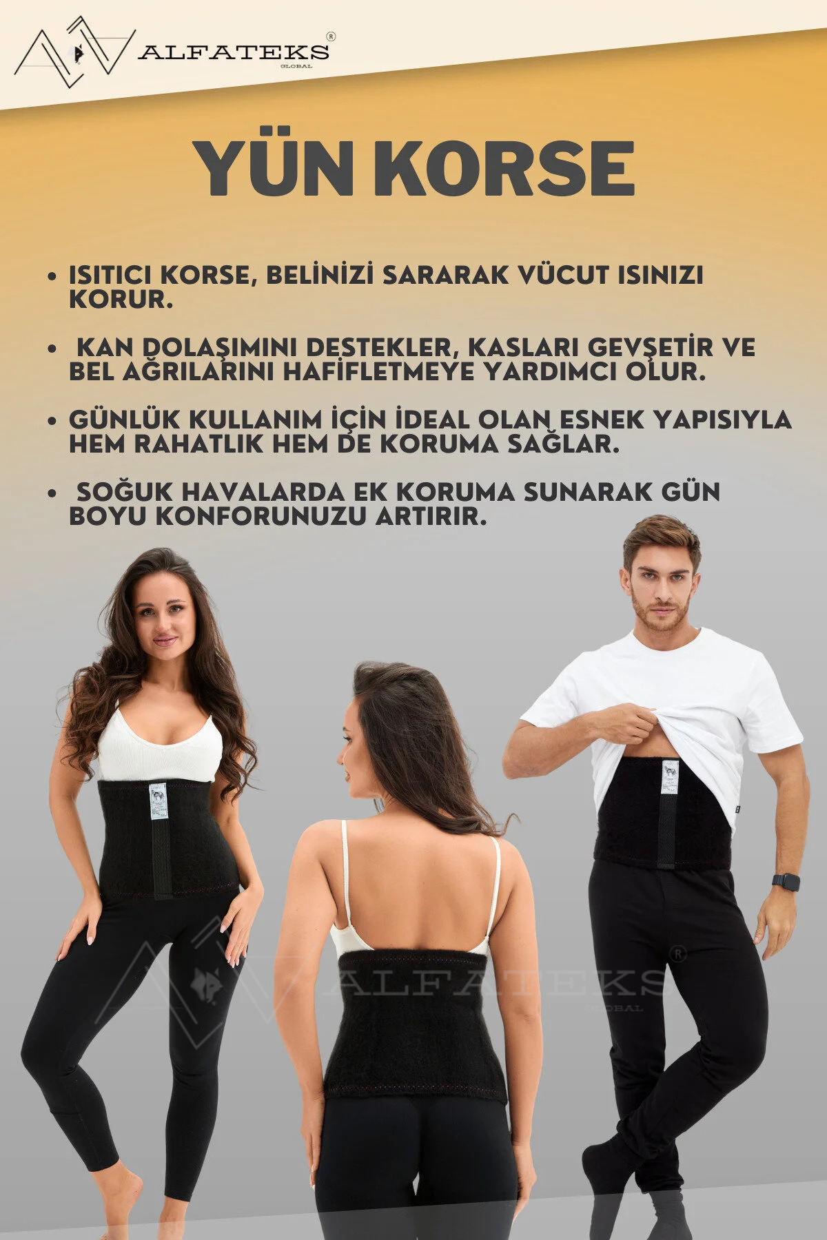 ALFATEKS Siyah Unisex Termal Yün Bel Korse - Isıtır - Sıcak Tutar - Ağrı Önler - Destekler görsel 2