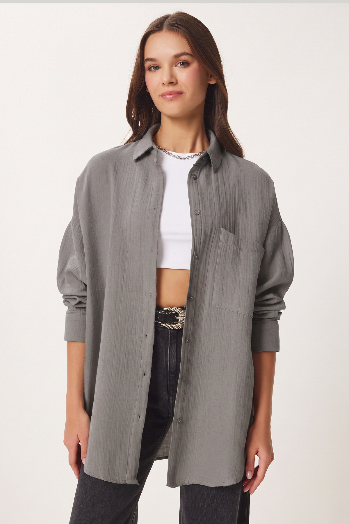 Lovelyİstanbul Oversize Basic Müslin Gömlek GRİ LMX0002 görsel 2