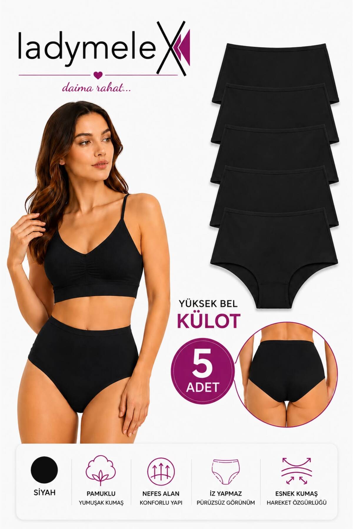LadyMelex Kadın Külot, Yüksek Bel Külot (S-M-L-XL-2XL-3XL) Siyah Yüksek Bel, %100 Rahat Kumaş 5,Li, Paket