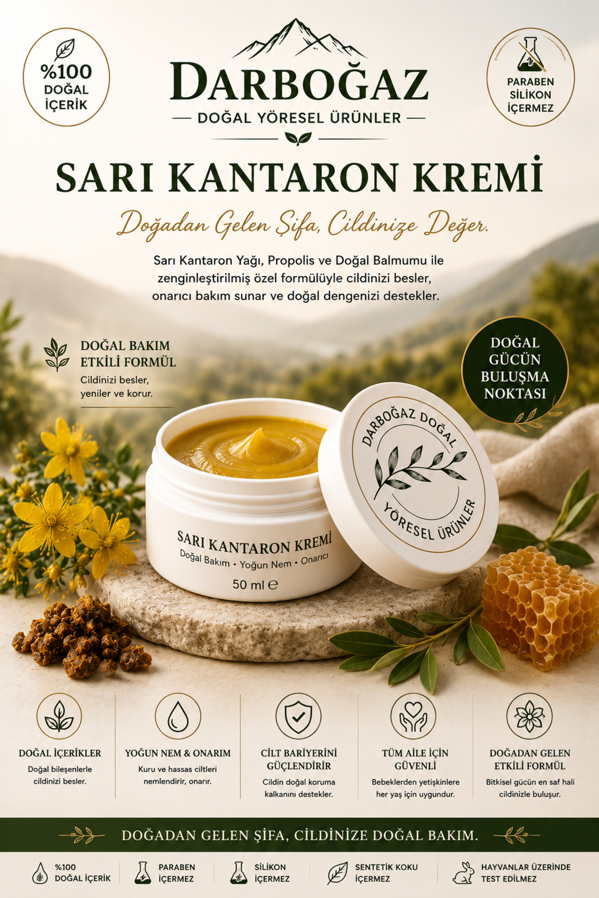 Darboğaz Sarı Kantaron Kremi 50 ml | Propolis ve Doğal Balmumu İçeren Bitkisel Cilt Bakım Kremi | Yoğun Nemlendirici ve Günlük Bakım — 109866511
