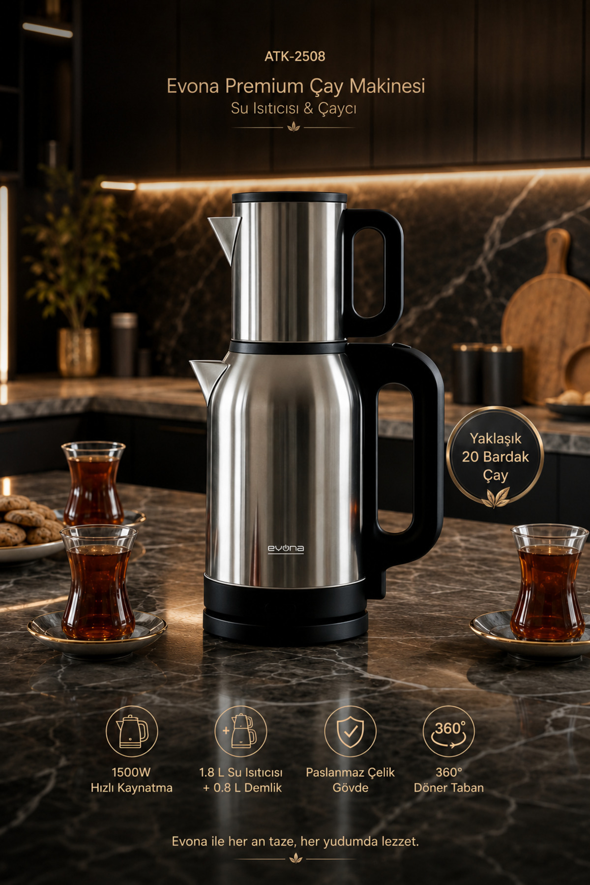 evona Steeltea – Premium Çelik 2 In 1 Çay Makinesi Su Isıtıcısı & Çaycı