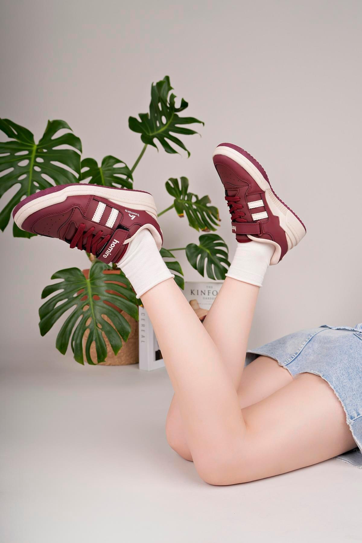 homiro Unisex Bağcıklı Cırtlı Spor Sneaker Ayakkabı-Bordo-Beyaz görsel 4