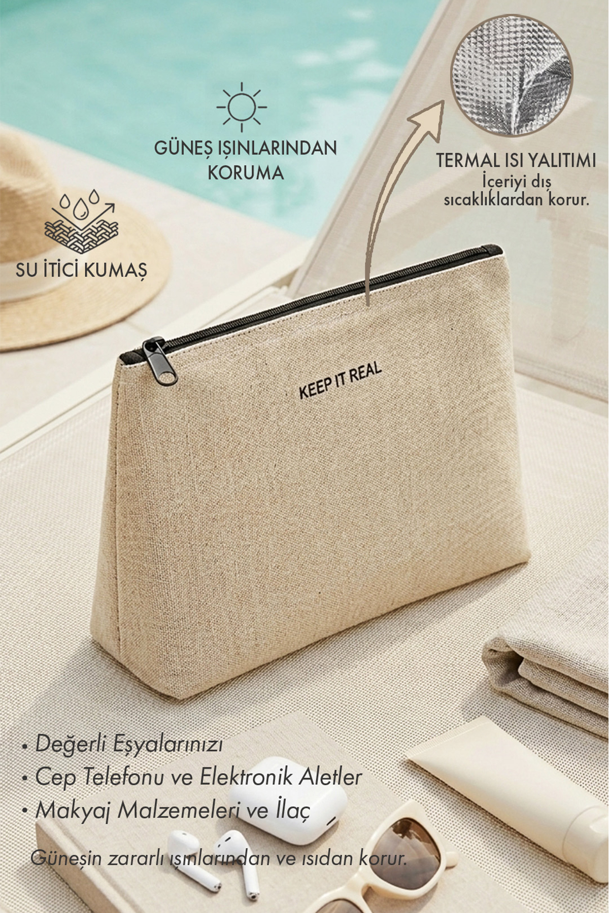 Termal Yalıtımlı Güneşten Koruyan Su İtici Leke Tutmaz Jüt Keten Makyaj İlaç Çantası 23x16x7 — بژ OCH.019.BCL.004