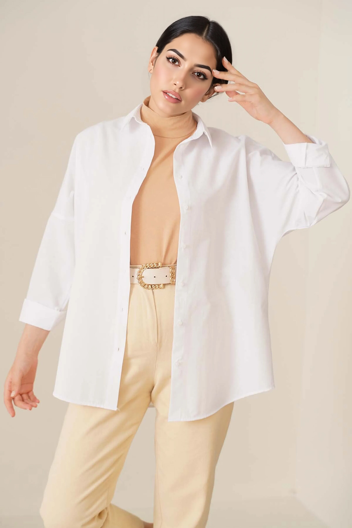 Merterium Kadın Oversize Tesettür Gömlek Beyaz 1051 görsel 2