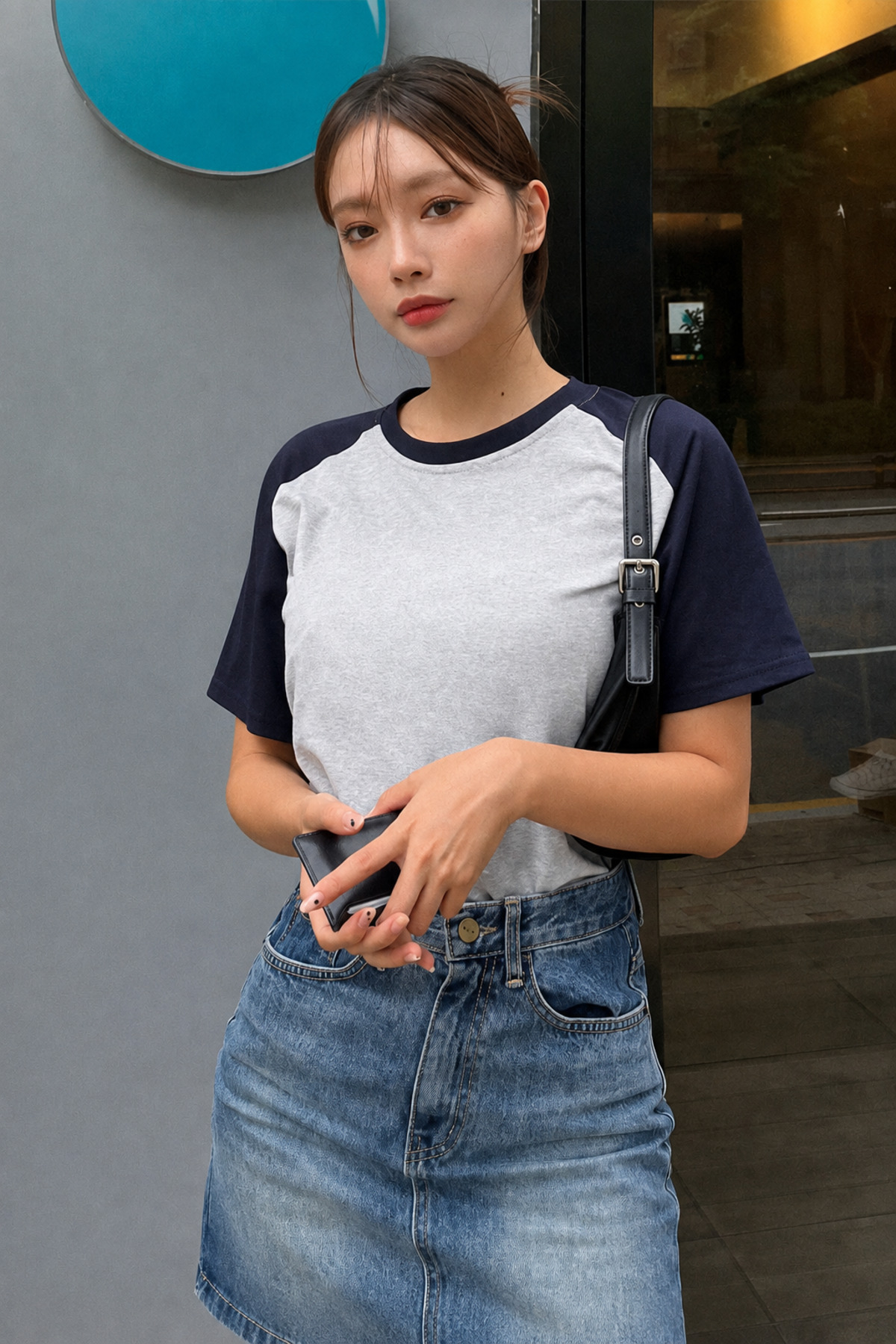 DUBU BUTİK Gri Gövde Lacivert Reglan Kol Süprem T-Shirt - Oversize Bisiklet Yaka Kısa Kol Tişört görsel 2