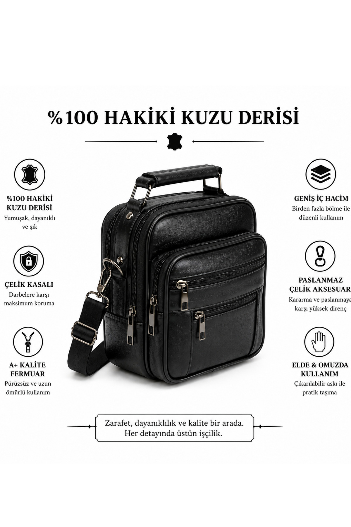NEWISH POLO ACCESSORIES Erkek Siyah Çelik Kasalı Hakiki Deri El Ve Omuz Çantası Ayarlanabilir Askılı (Küçük Boy) ve Cüzdan görsel 2