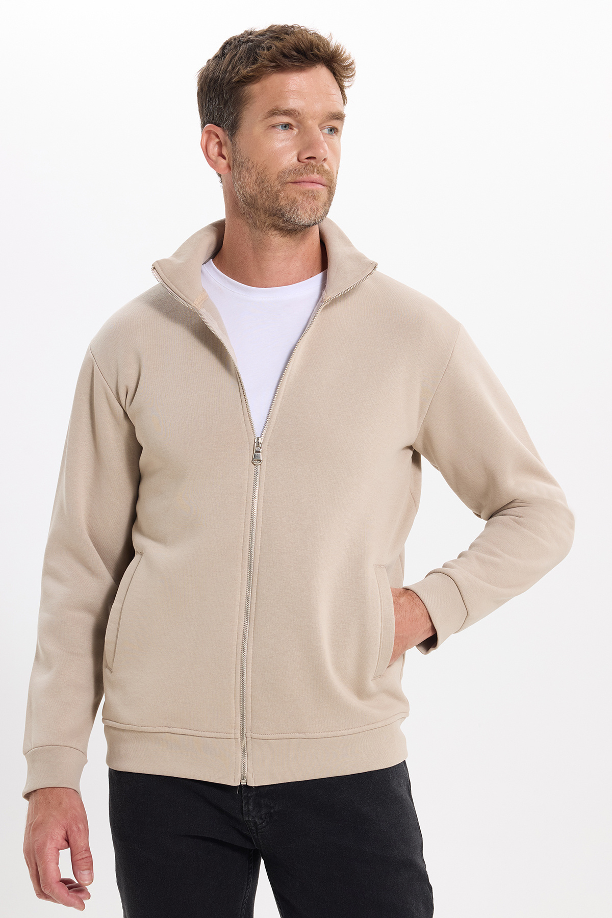 Unisex Relax Fit Rahat Kesim Pamuklu 3 İplik İçi Polarlı Fermuarlı Cepli Taş  Sweatshirt Hırka — رنگارنگ SW250014 — تصویر 4 از 9