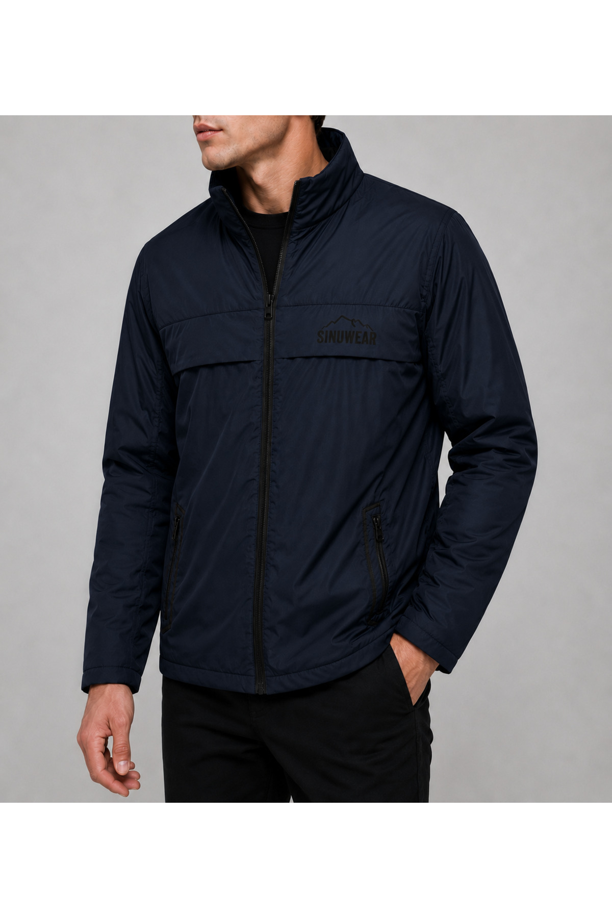 Sınwear Erkek Lacivert Baharlık Su ve Rüzgar Geçirmez Mont Dik Yaka Mevsimlik Fermuarlı Spor Outdoor Ceket görsel 2