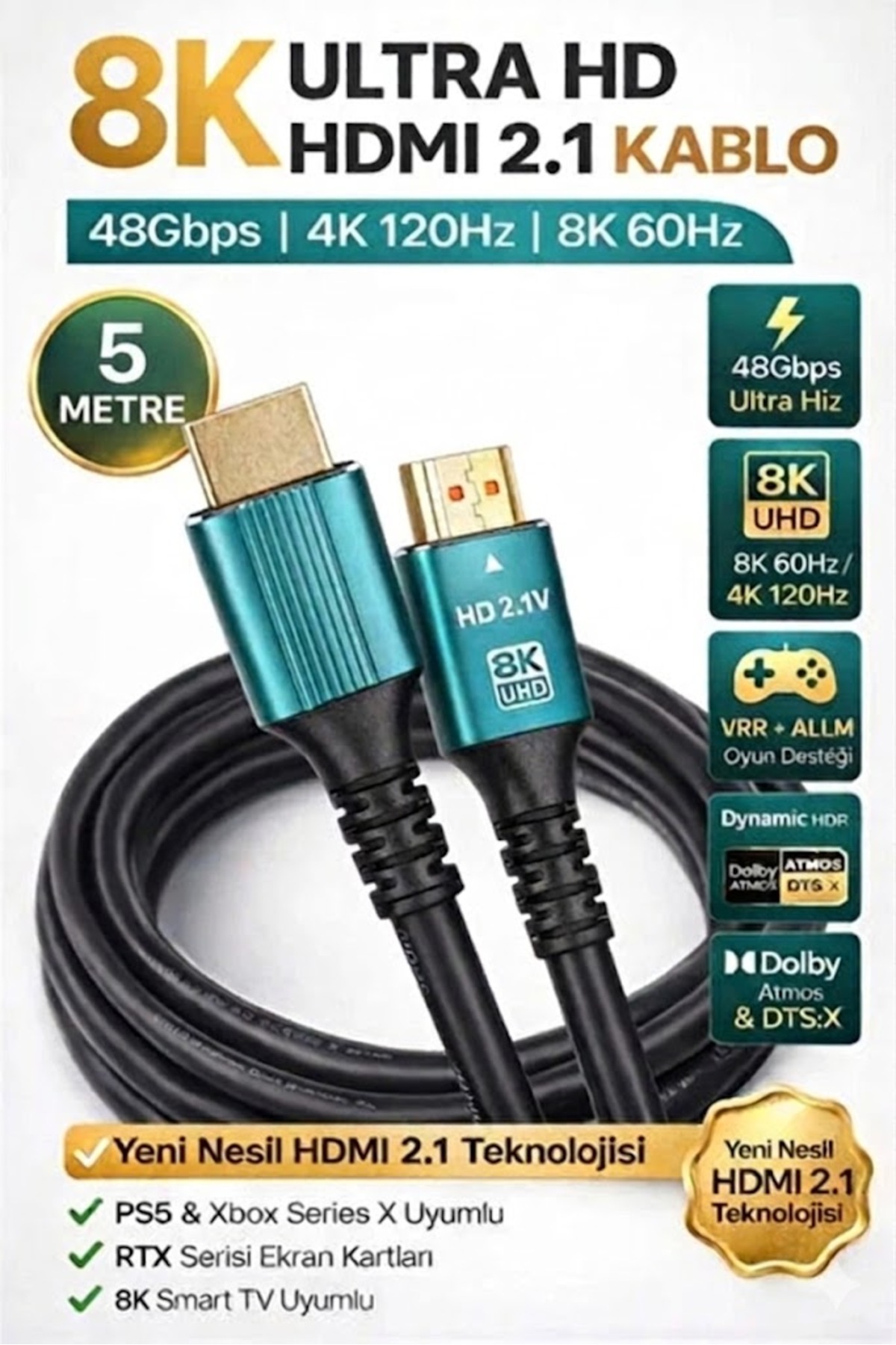 8K@ 5 Metre Ultra Yüksek Hızlı HDMI 2.1 Kablo 8K UHD 4K 120Hz 48Gbps HDTV/ PC/ Dizüstü Bilgisayar ve Oyun Konsolları İçin 5mt HDMI kablosu